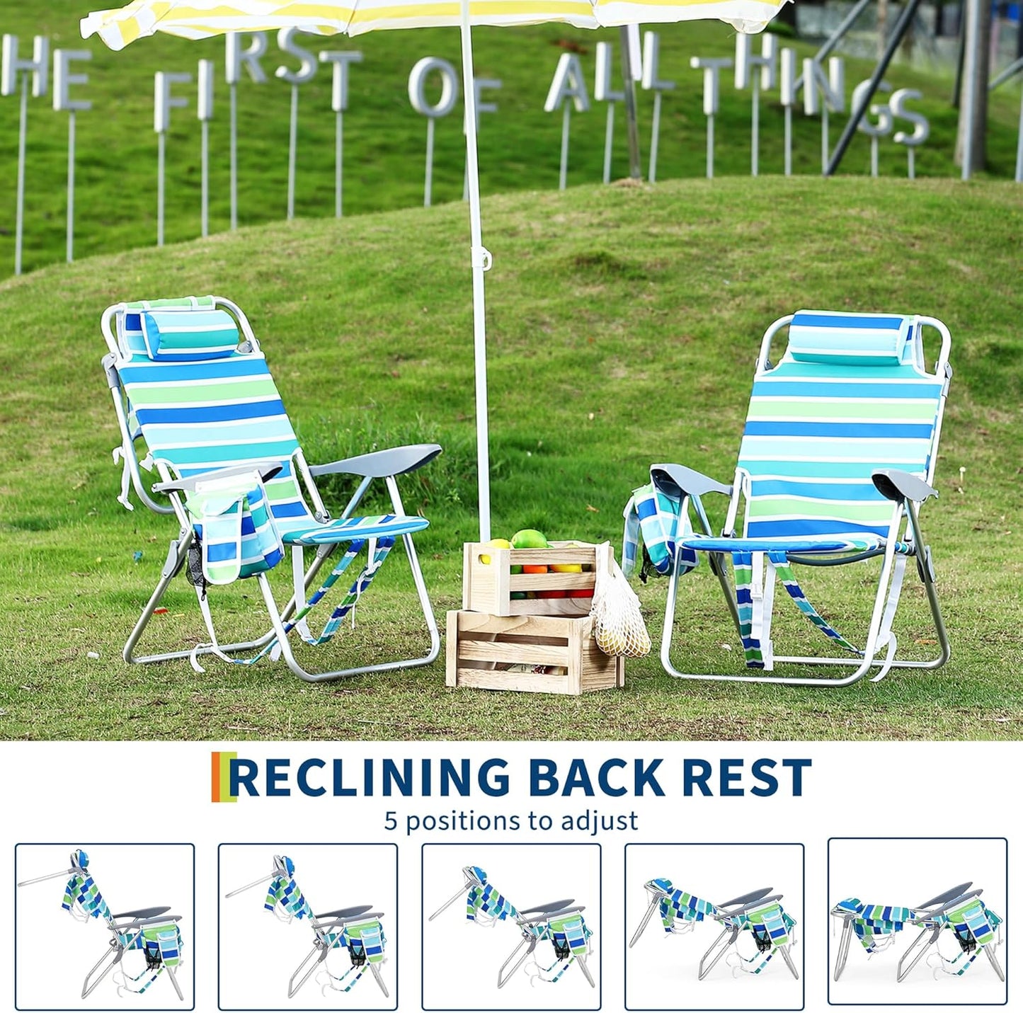 Garvee 2 Pack Portable Beach Chair with Adjustable Backrest & Cup Holders, Ocean Striped