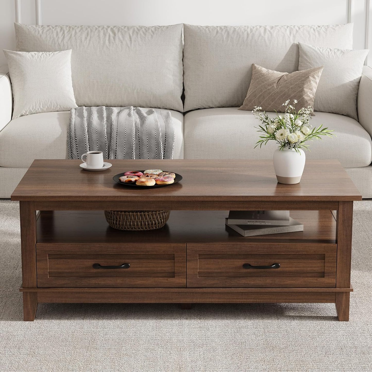 Garvee Farmhouse Coffee Table with 2 Drawers, 47.24 x 23.62 x 19", Open Shelf