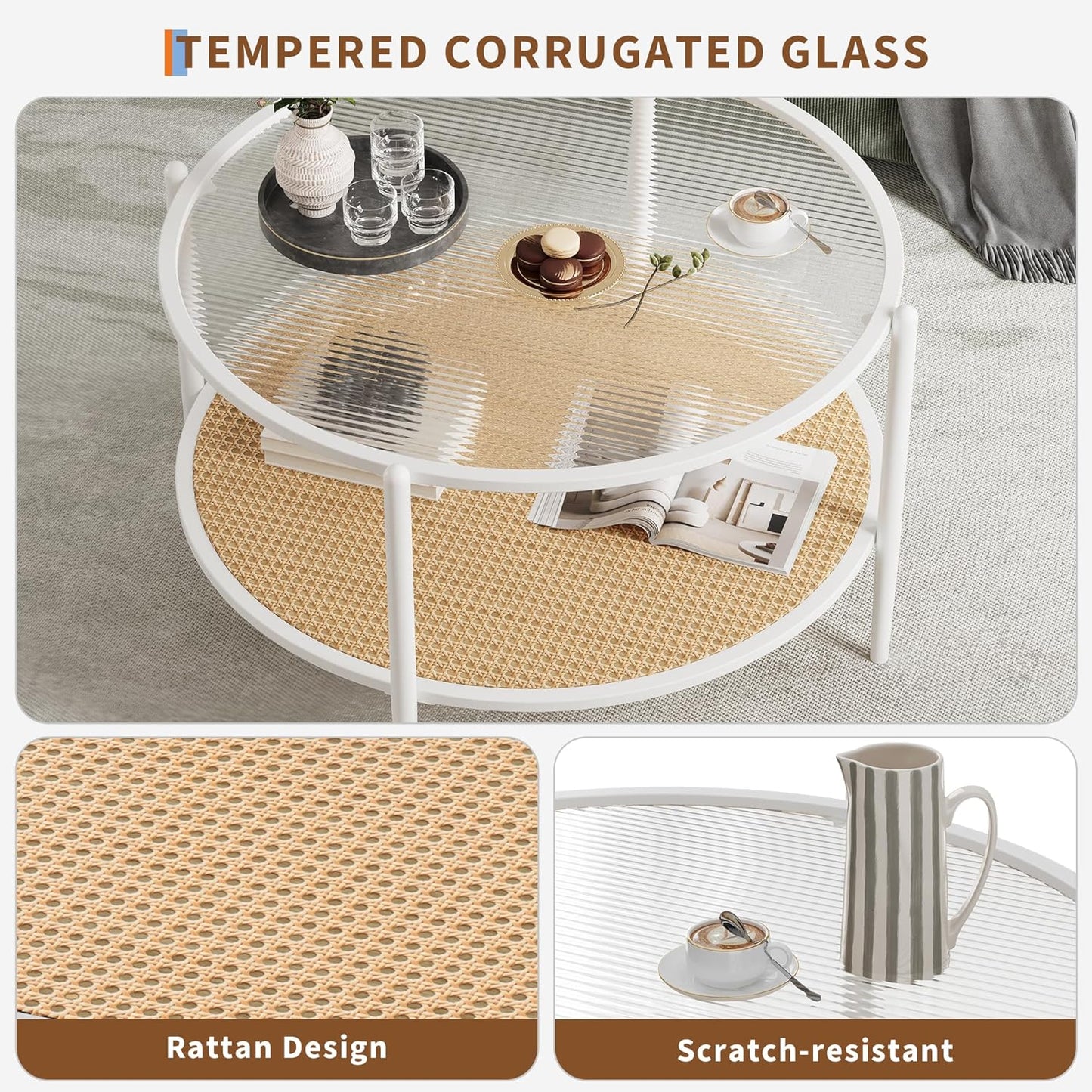 Garvee 2-Tier 30 inch Round Rattan Coffee Table with Storage