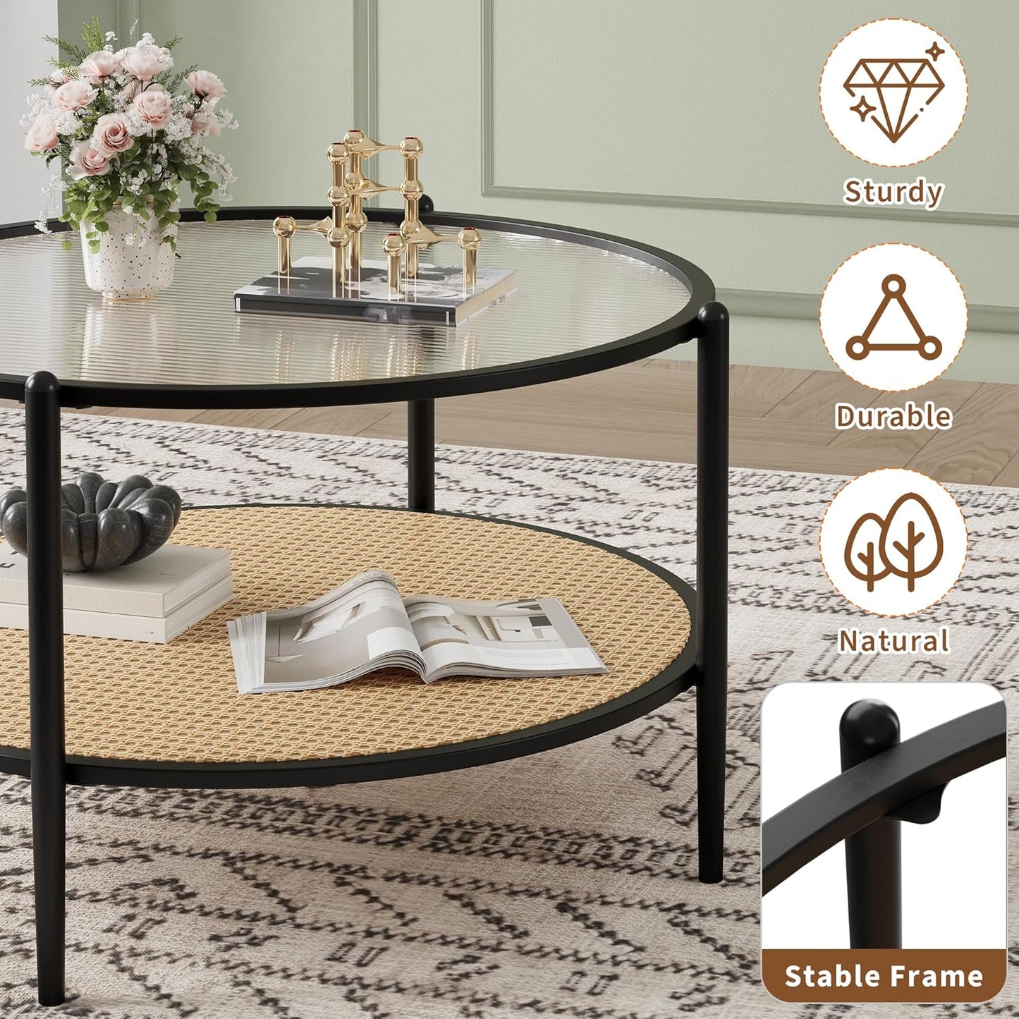 Garvee 2-Tier 30 inch Round Rattan Coffee Table with Storage