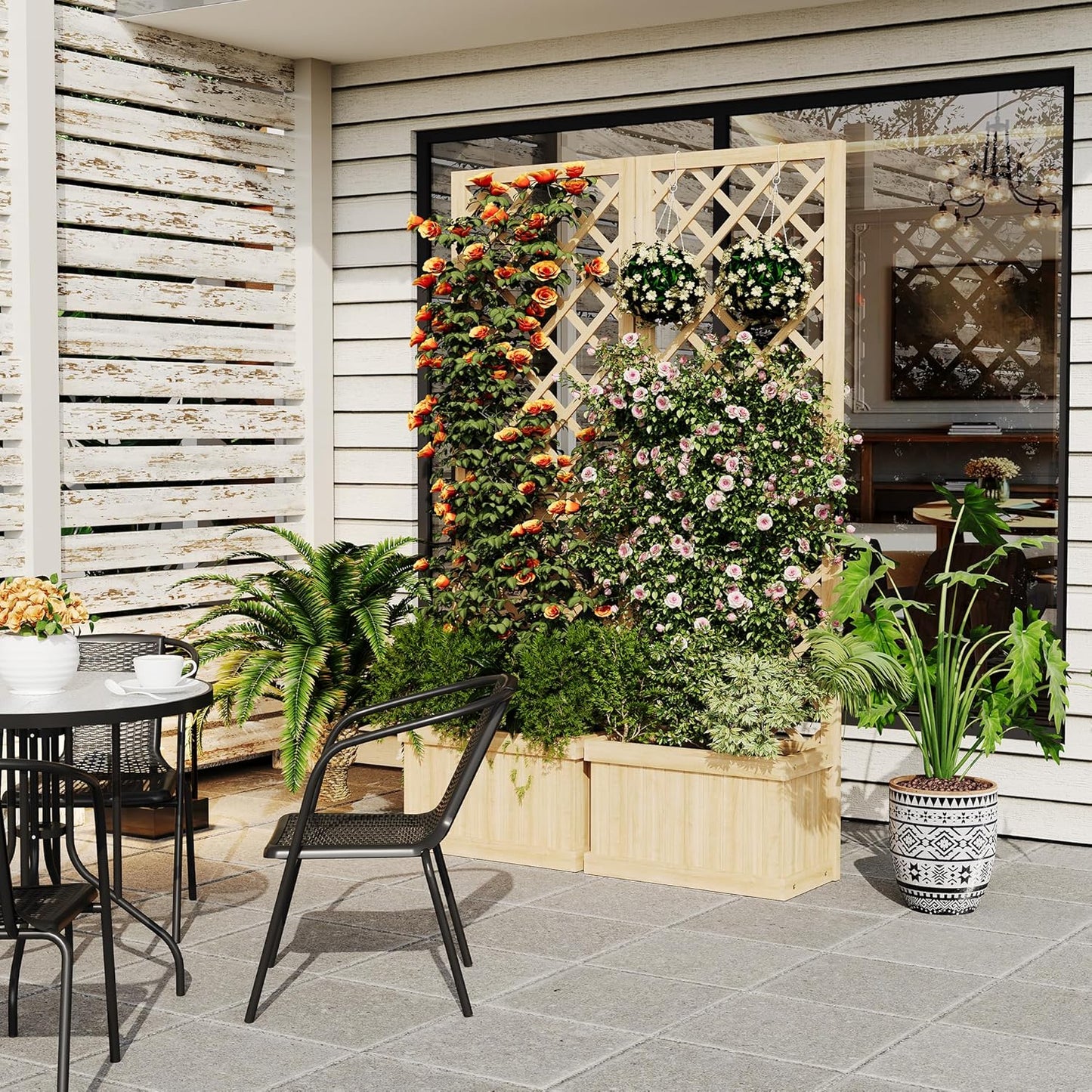 Riedhoff Outdoor Planter Boxes with 2 Privacy Screen, 41" x 10" x 65", Drain Holes, Natural