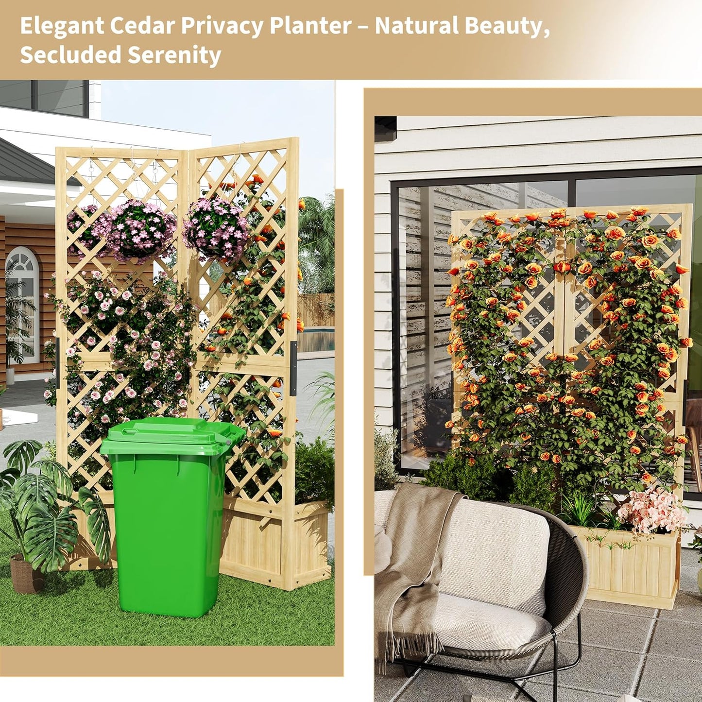 Riedhoff Outdoor Planter Boxes with 2 Privacy Screen, 41" x 10" x 65", Drain Holes, Natural
