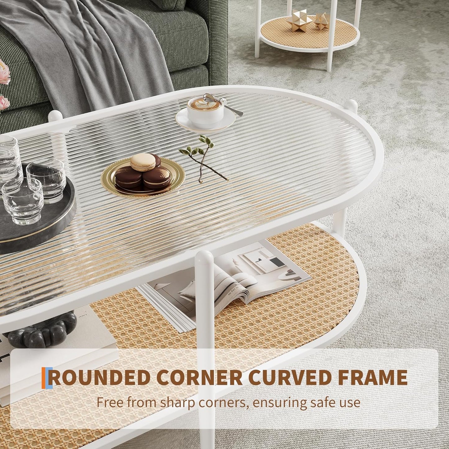 Garvee 2 Tier Oval Rattan Coffee Table 37.4 x 19.6 x 18.1", with Storage