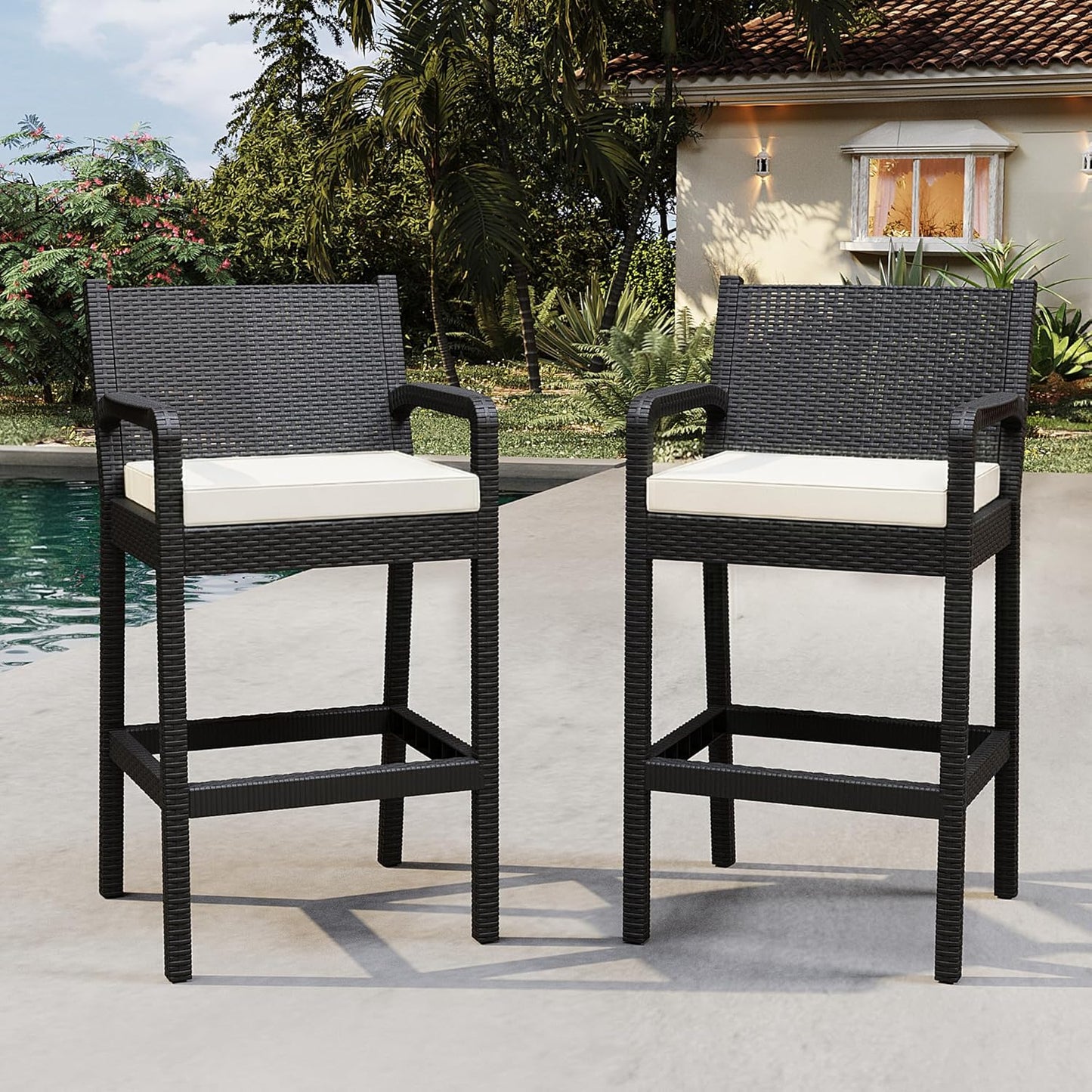 Garvee Patio Bar Stools Wicker Barstools, Set of 2, with Footrest & Armrest, 24.7 x 17.24 x 44.5"