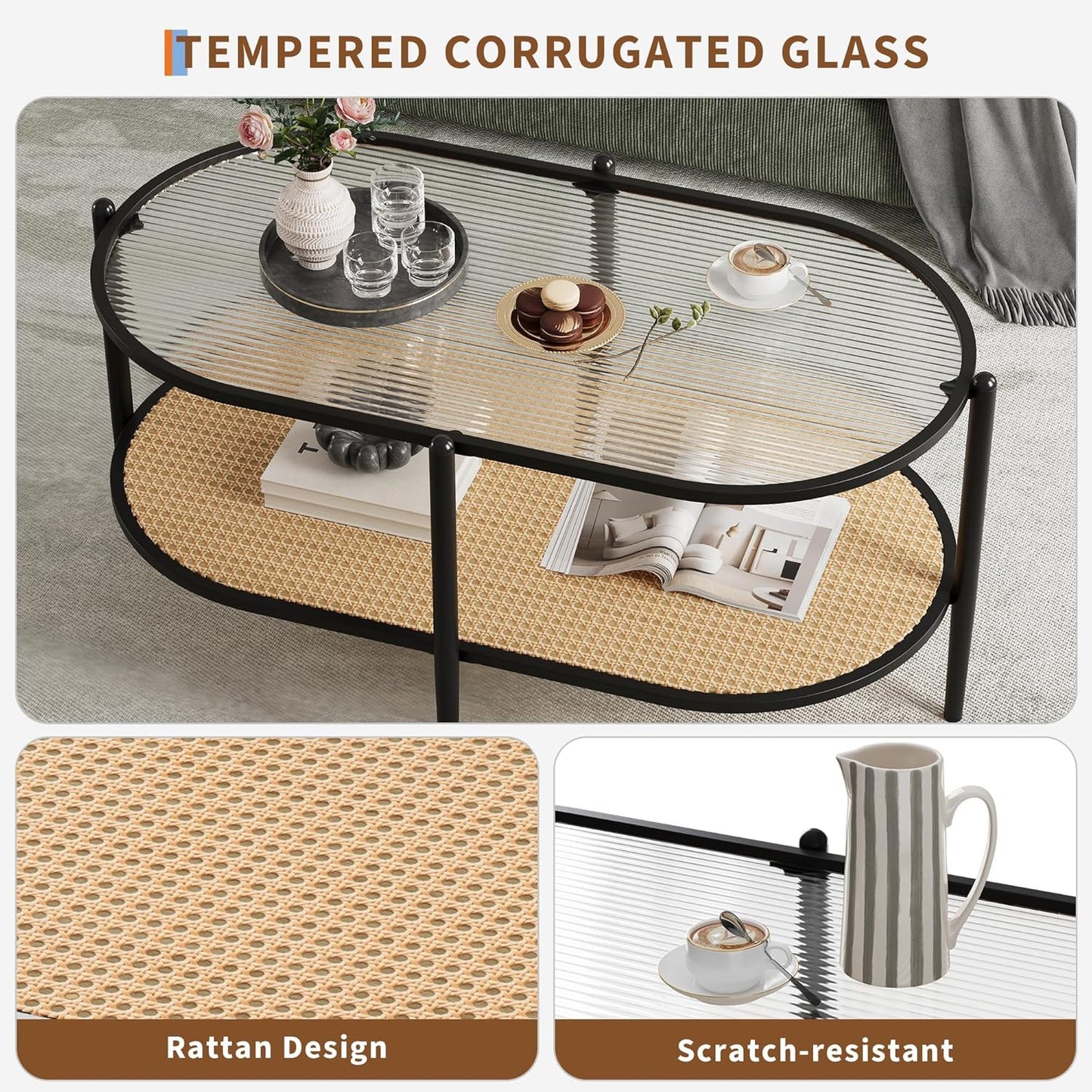 Garvee 2 Tier Oval Rattan Coffee Table 37.4 x 19.6 x 18.1", with Storage