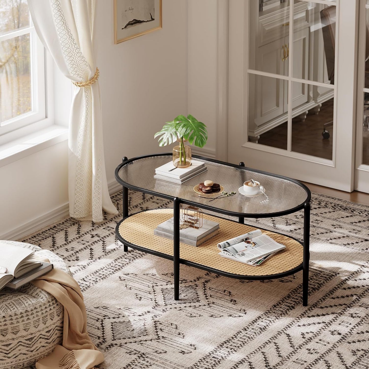 Garvee 2 Tier Oval Rattan Coffee Table 37.4 x 19.6 x 18.1", with Storage