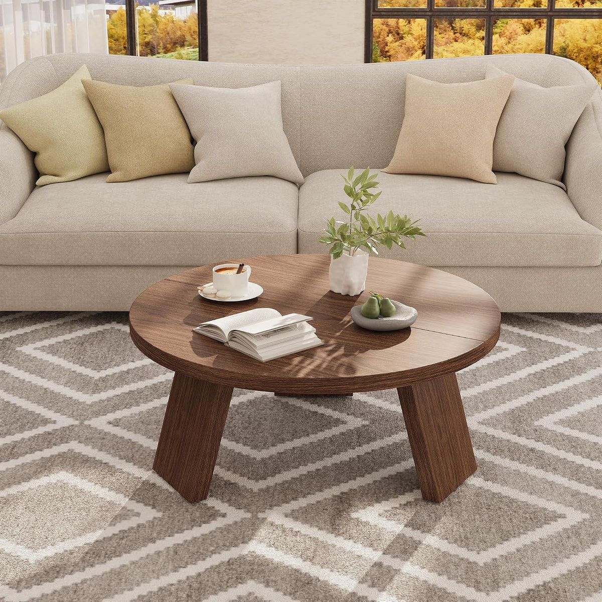 Riedhoff Farmhouse Round Coffee Table with 3 Strong Legs, 33.5'' x 33.5" x 15.7''