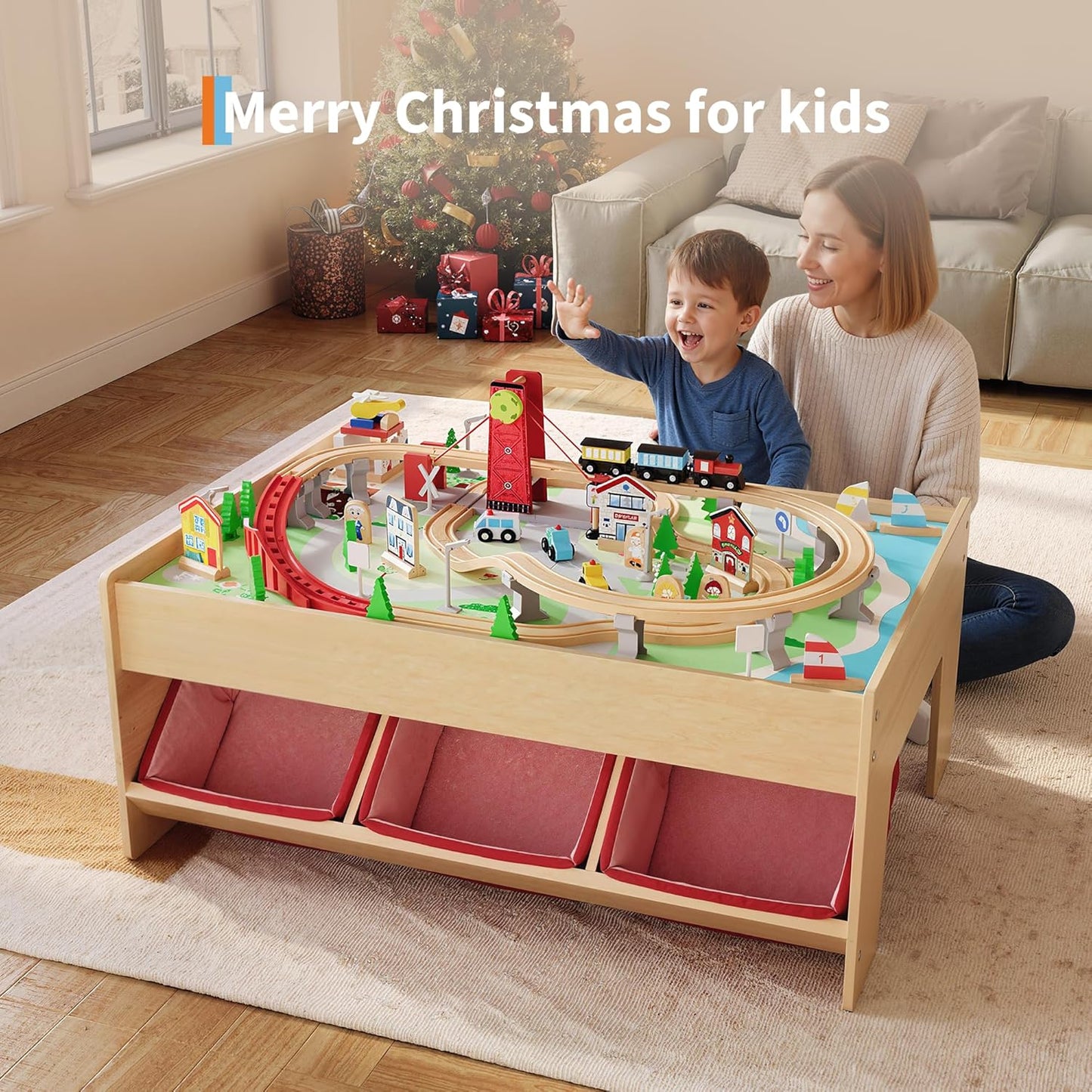 Garvee Wooden Train Table, 92 Piece Multicolor, 3 Storage Bins, 36.22 x 25.2 x 15.75"