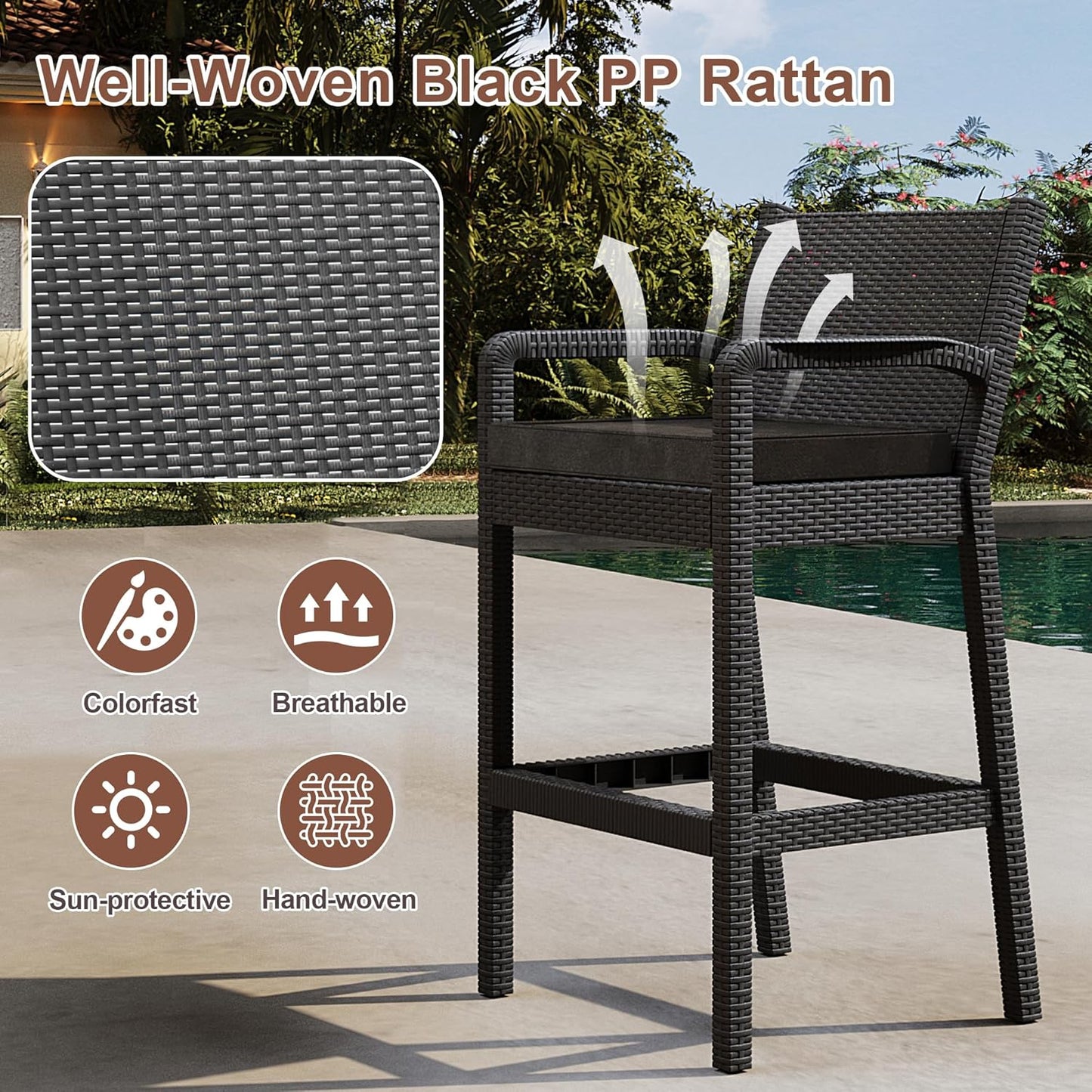 Garvee Patio Bar Stools Wicker Barstools, Set of 2, with Footrest & Armrest, 24.7 x 17.24 x 44.5"