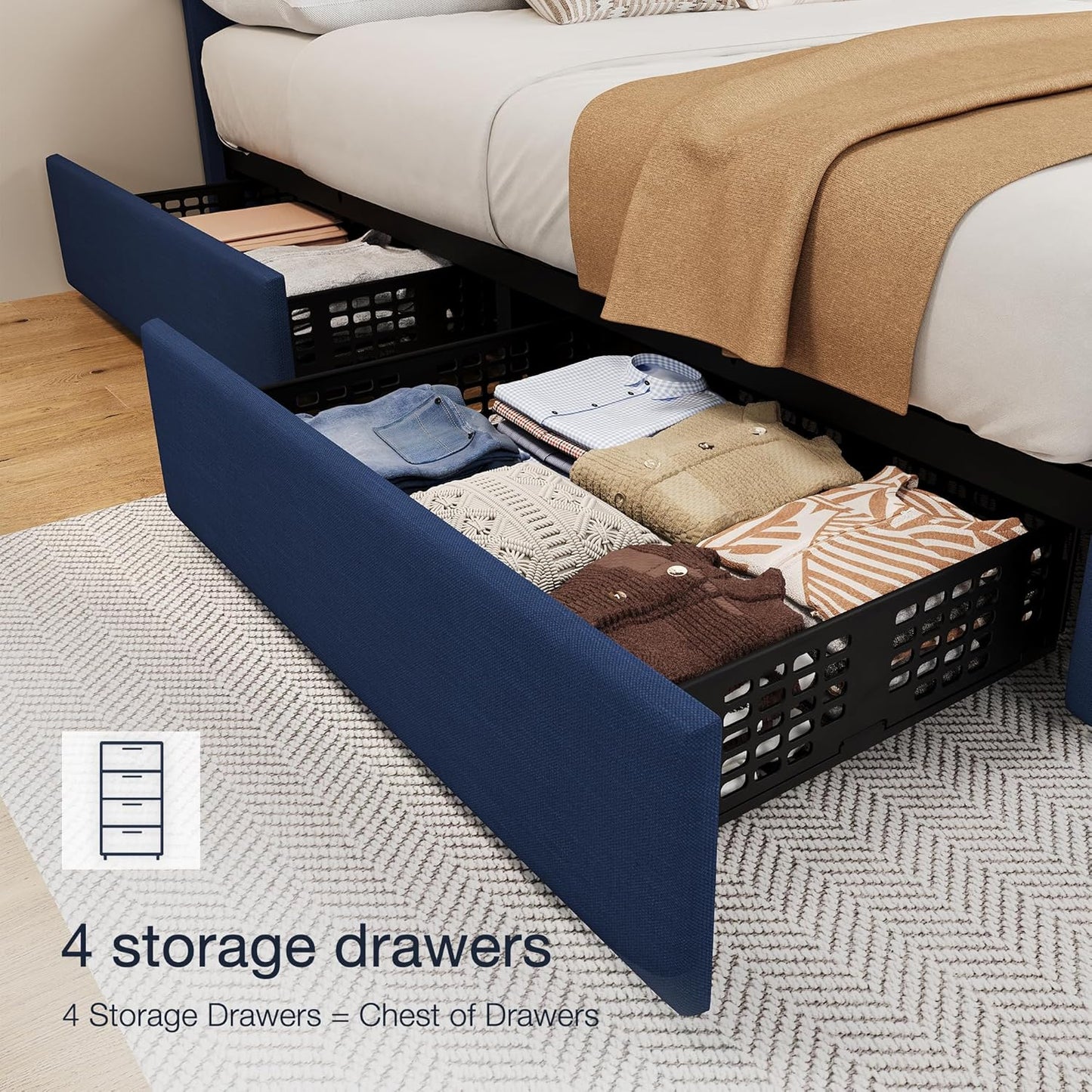 GARVEE Bed Frame with 4 Storage Drawers & Adjustable Headboard