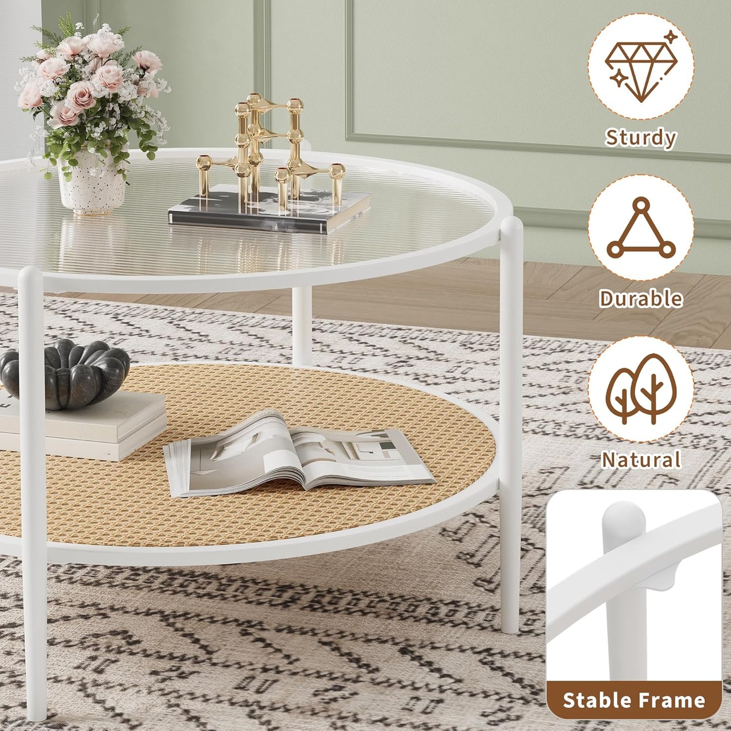 Garvee 2-Tier 30 inch Round Rattan Coffee Table with Storage