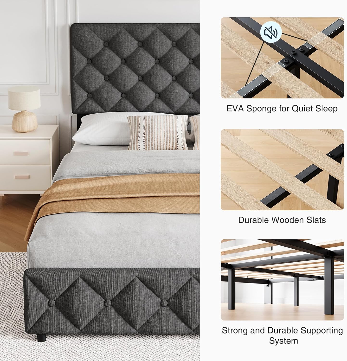 GARVEE Bed Frame with 4 Storage Drawers & Adjustable Headboard
