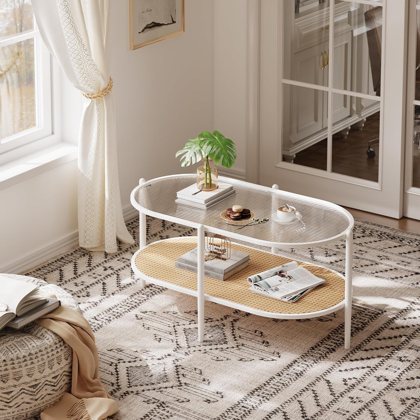 Garvee 2 Tier Oval Rattan Coffee Table 37.4 x 19.6 x 18.1", with Storage