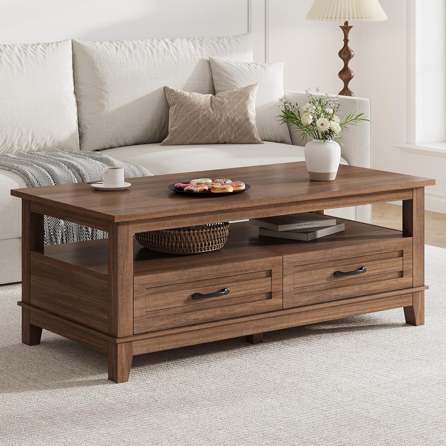 Garvee Farmhouse Coffee Table with 2 Drawers, 47.24 x 23.62 x 19", Open Shelf