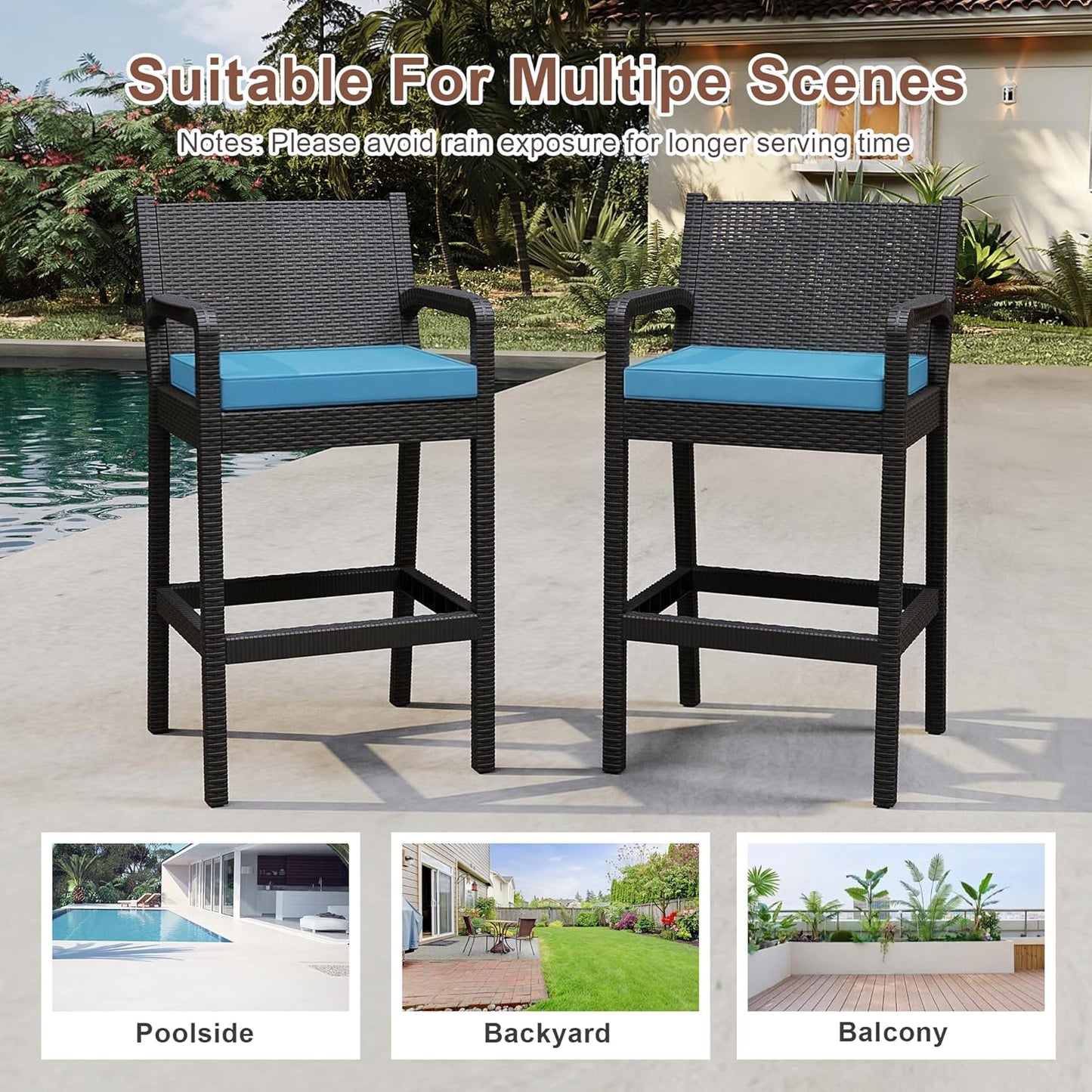 Garvee Patio Bar Stools Wicker Barstools, Set of 2, with Footrest & Armrest, 24.7 x 17.24 x 44.5"