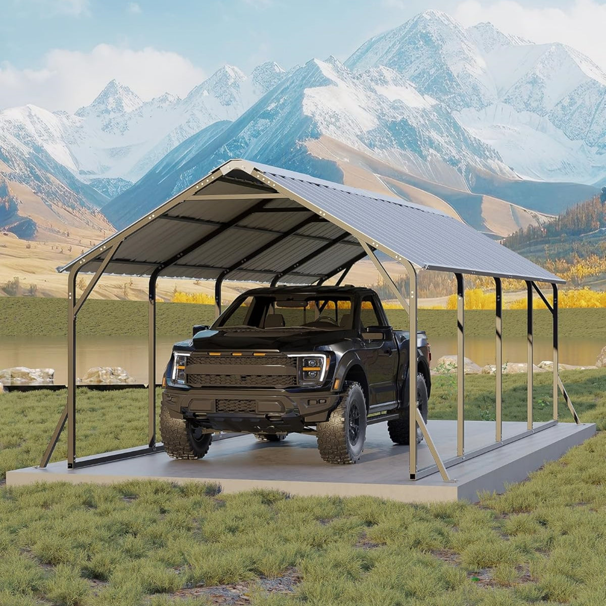 Riedhoff Metal Carport with Vertical Roof, Heavy Duty Steel, Gray
