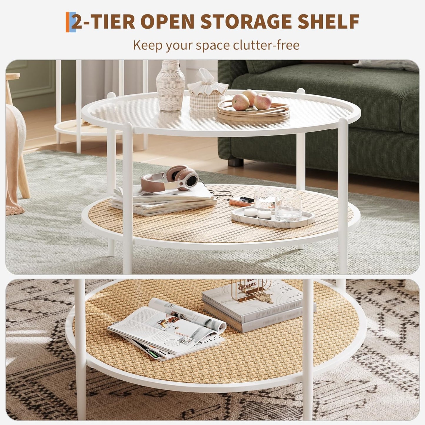 Garvee 2-Tier 30 inch Round Rattan Coffee Table with Storage