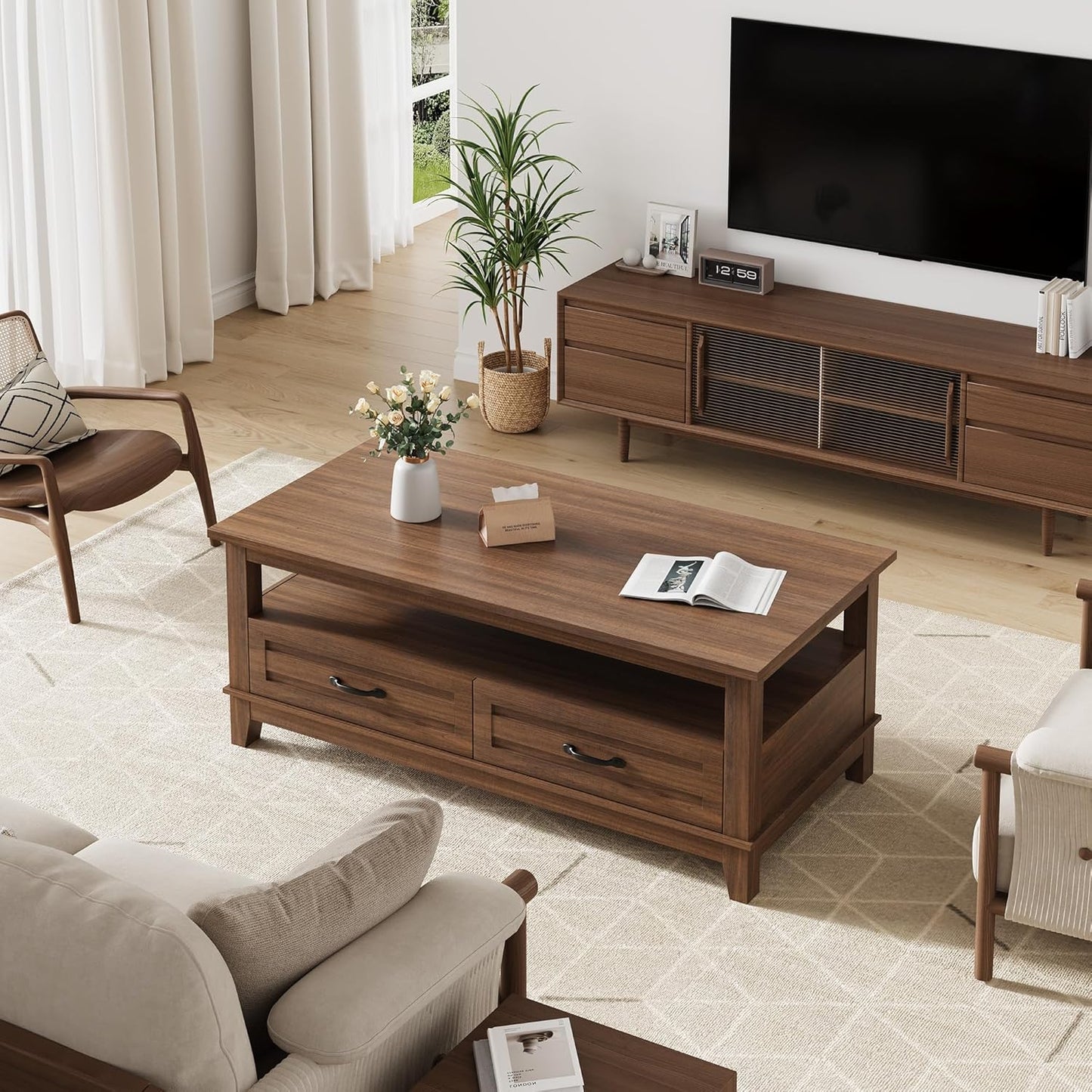 Garvee Farmhouse Coffee Table with 2 Drawers, 47.24 x 23.62 x 19", Open Shelf