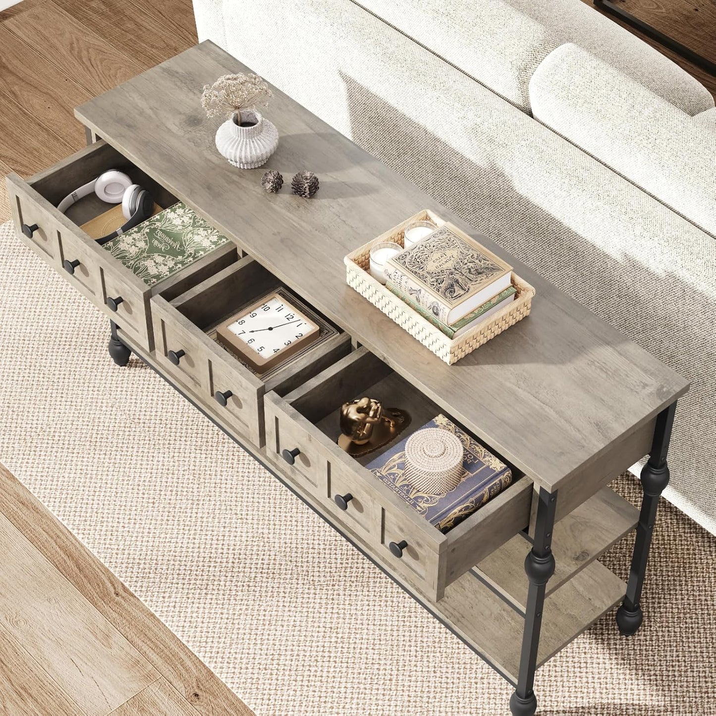 Garvee Console Sofa Table with 3 Drawers, 3-Tier Storage Shelves, 52.56 x 11.81 x 28.54", Gray