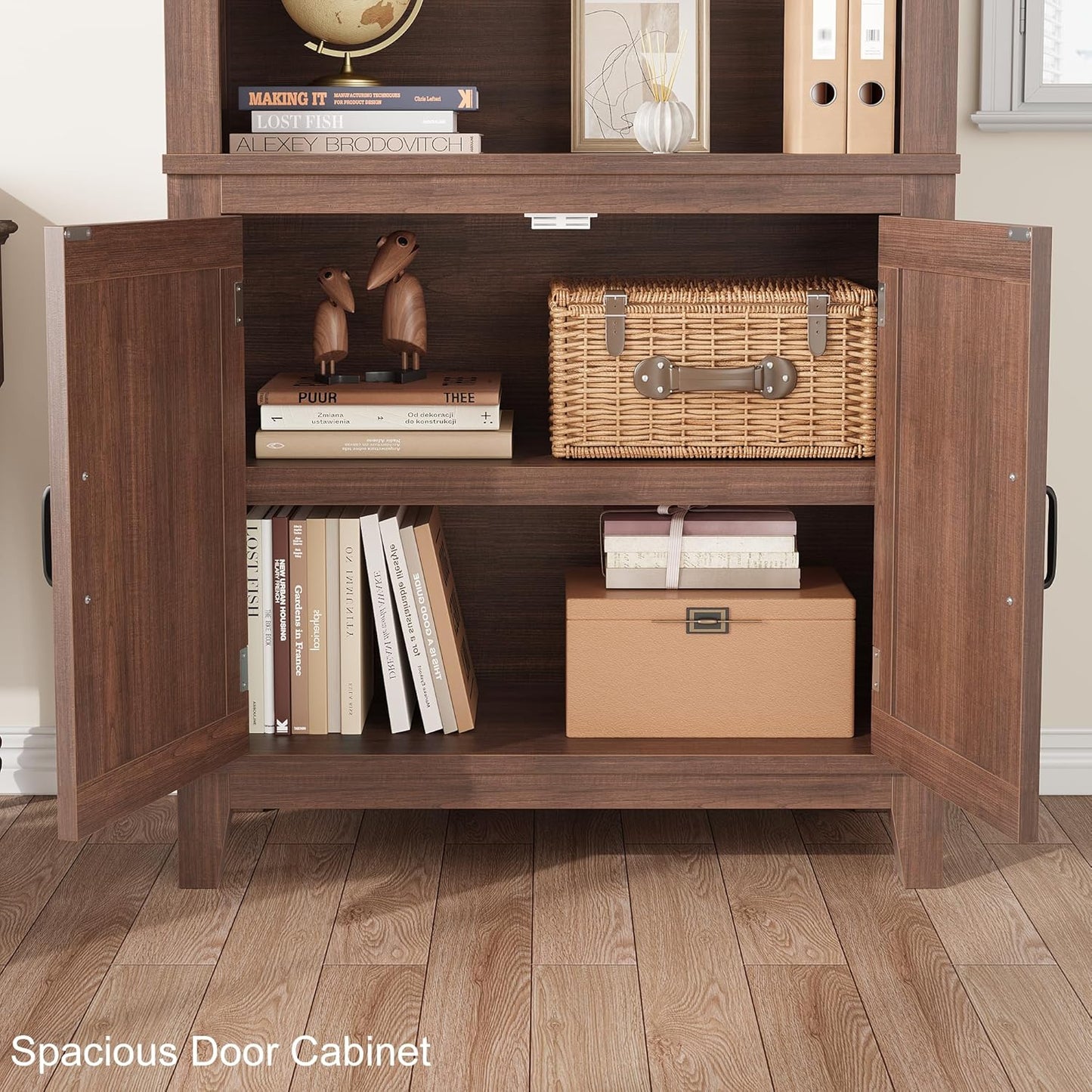 Garvee 5 Tier Farmhouse Bookcase 31.5 x 11.8 x 71.3", 2 Doors & 3 Adjustable Shelf, Brown