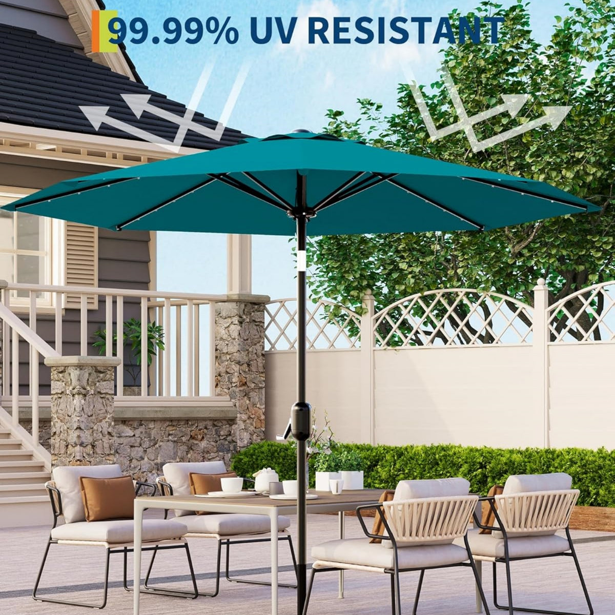 Riedhoff 9 feet Patio Umbrella with 32 LED Solar Lights, 8 Ribs, Tilt Crank