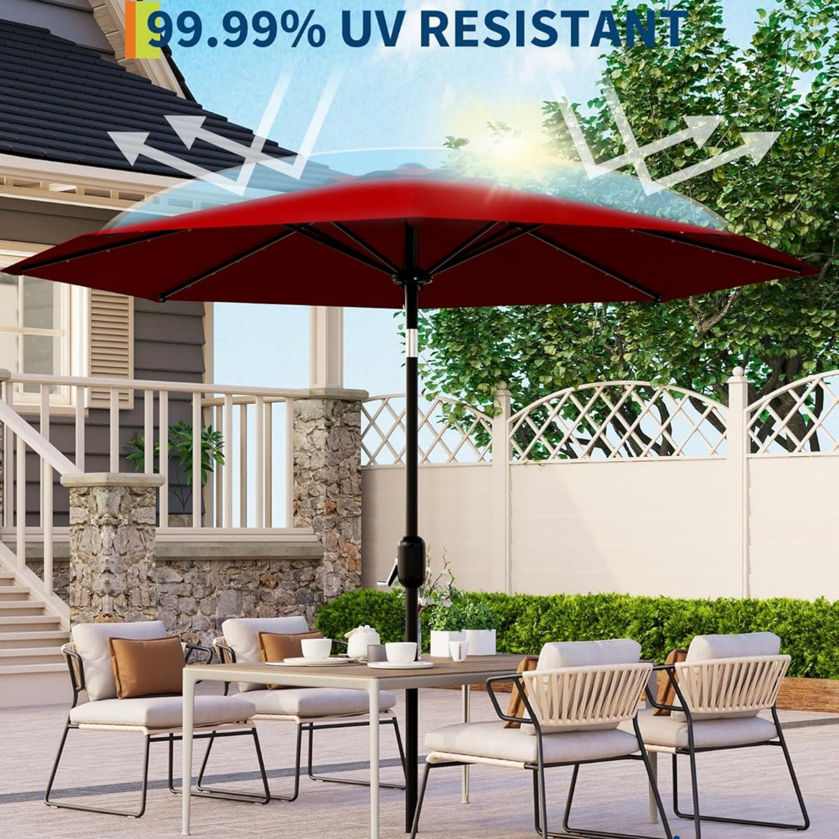 Riedhoff 9 feet Patio Umbrella with 32 LED Solar Lights, 8 Ribs, Tilt Crank