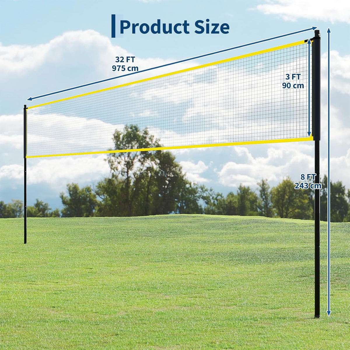 Riedhoff Portable 32 ft x 8 ft Outdoor Volleyball Net Set, with Adjustable Height, Yellow & Black