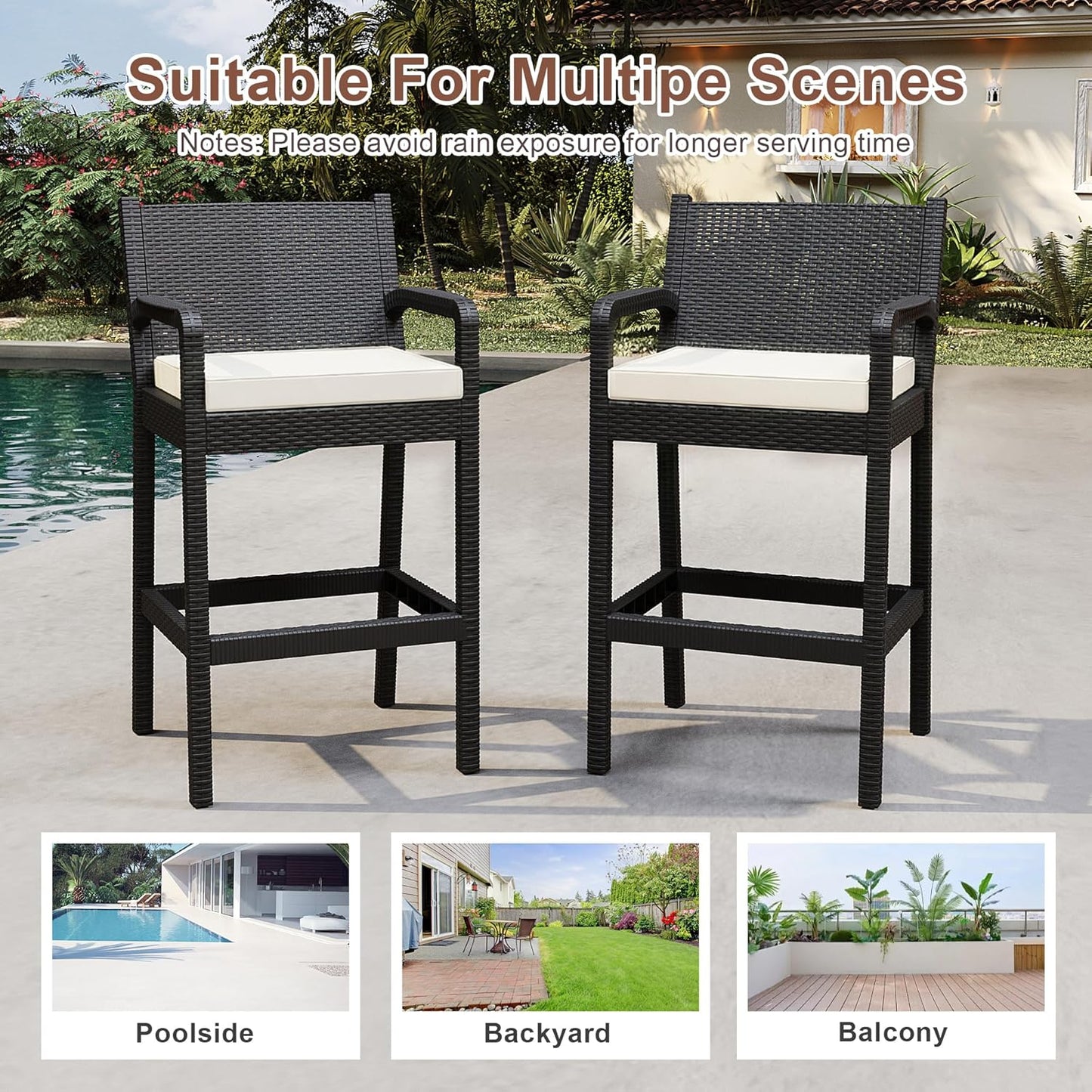 Garvee Patio Bar Stools Wicker Barstools, Set of 2, with Footrest & Armrest, 24.7 x 17.24 x 44.5"