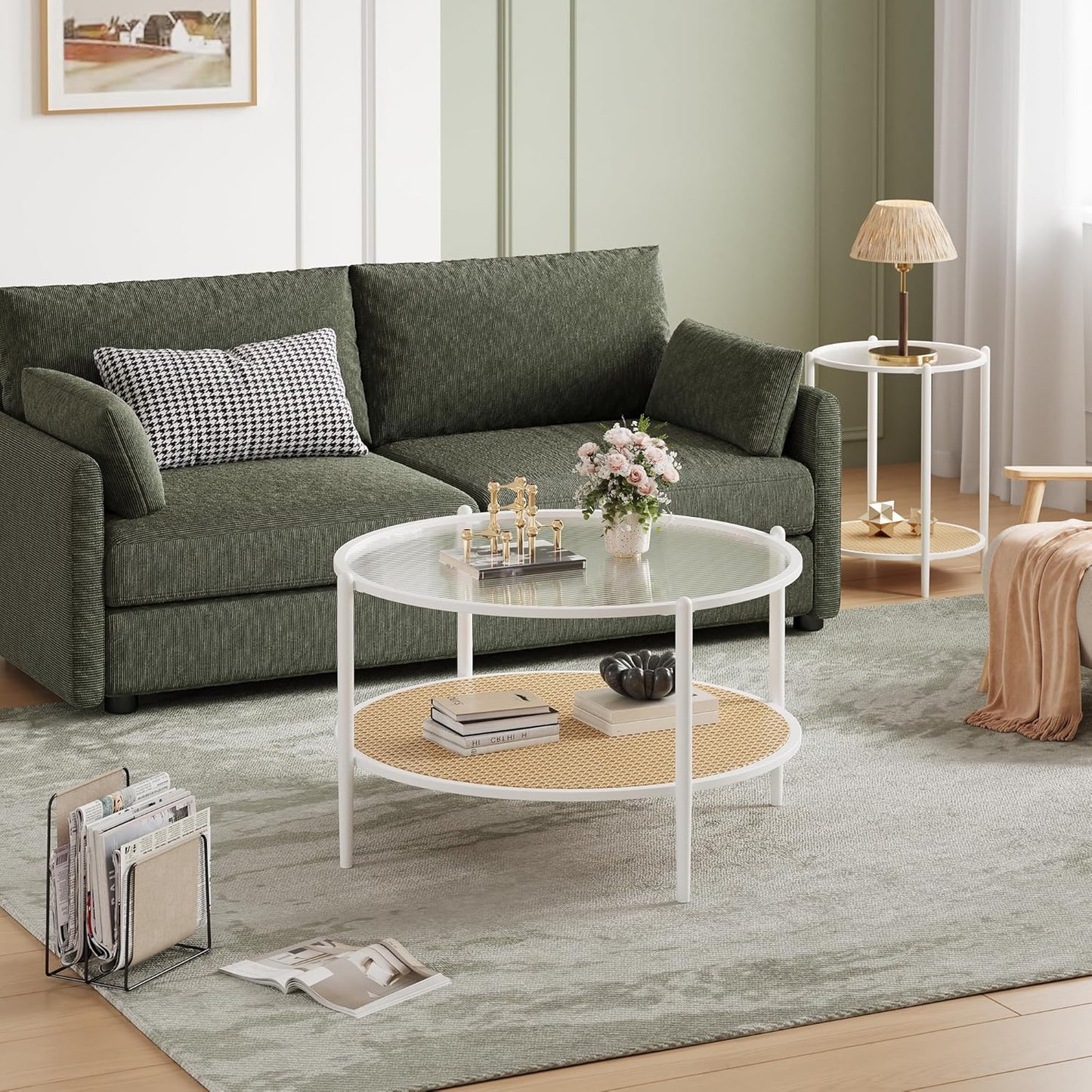Garvee 2-Tier 30 inch Round Rattan Coffee Table with Storage