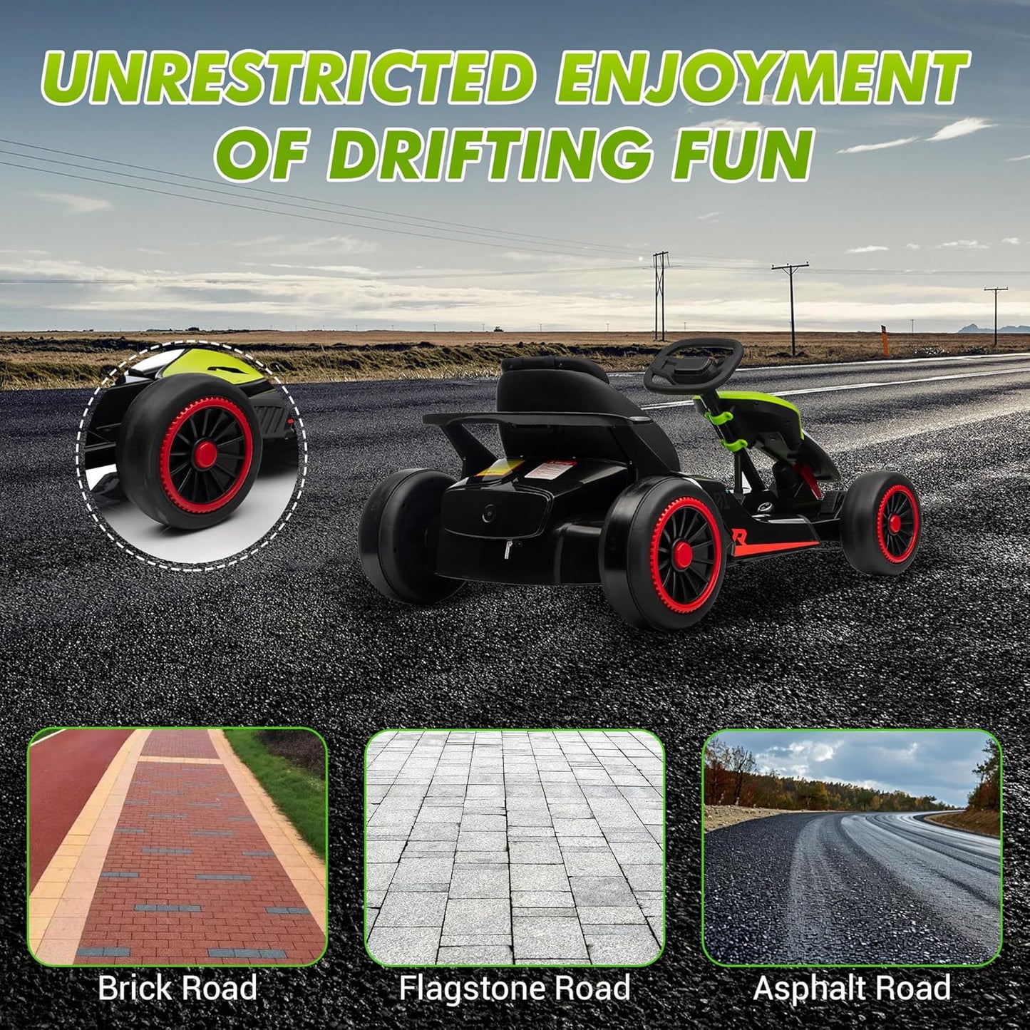 Garvee Kids Electric Drift Go-Kart, 24V 7AH Battery, 2*150W Motors, Outdoor Ride On Toy