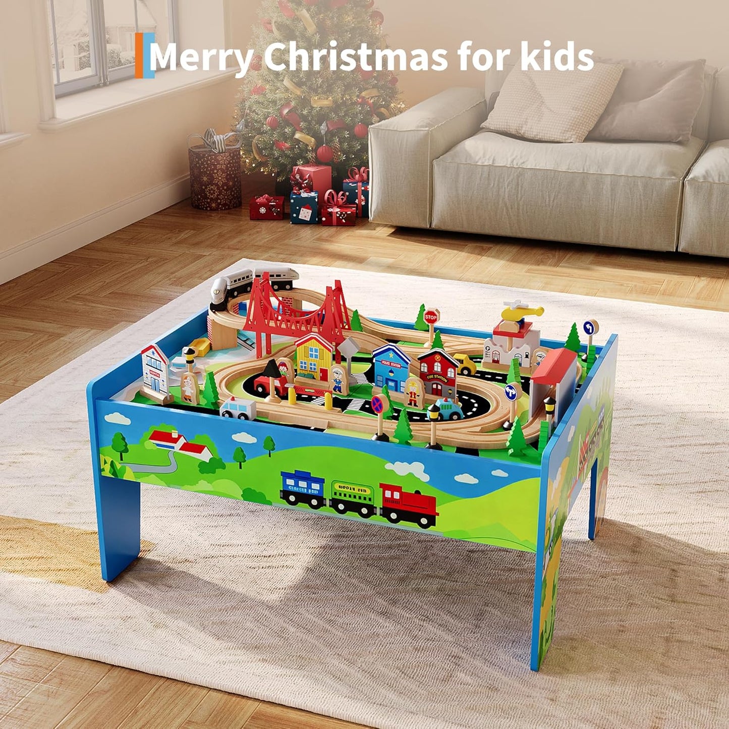 Garvee Wooden ﻿Train Table 33" x 24" x 16", with 80 Multicolor Piece, for Toddlers 3+