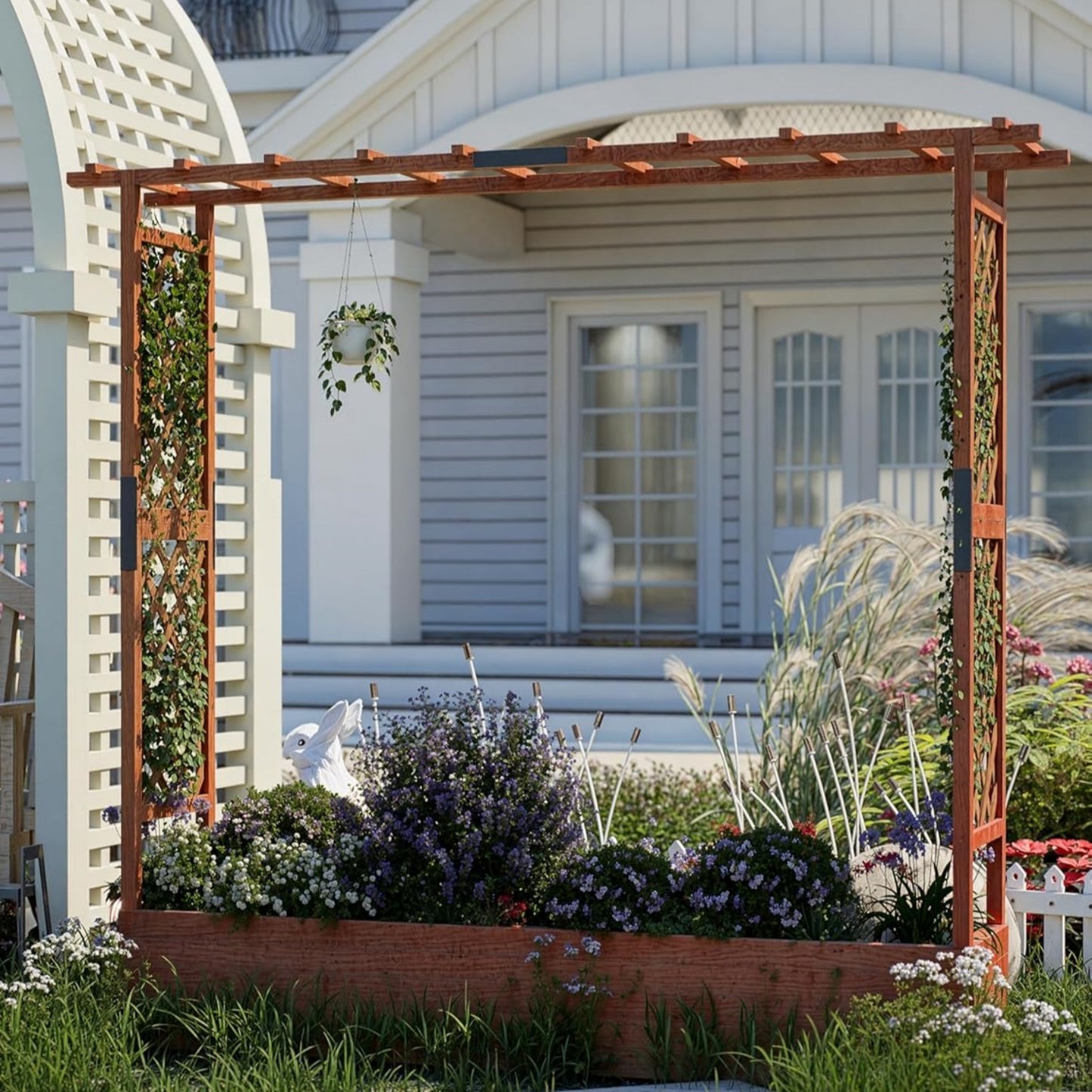 Riedhoff Wooden Raised Garden Bed with Trellis, Hanging Roof & Side Trellis