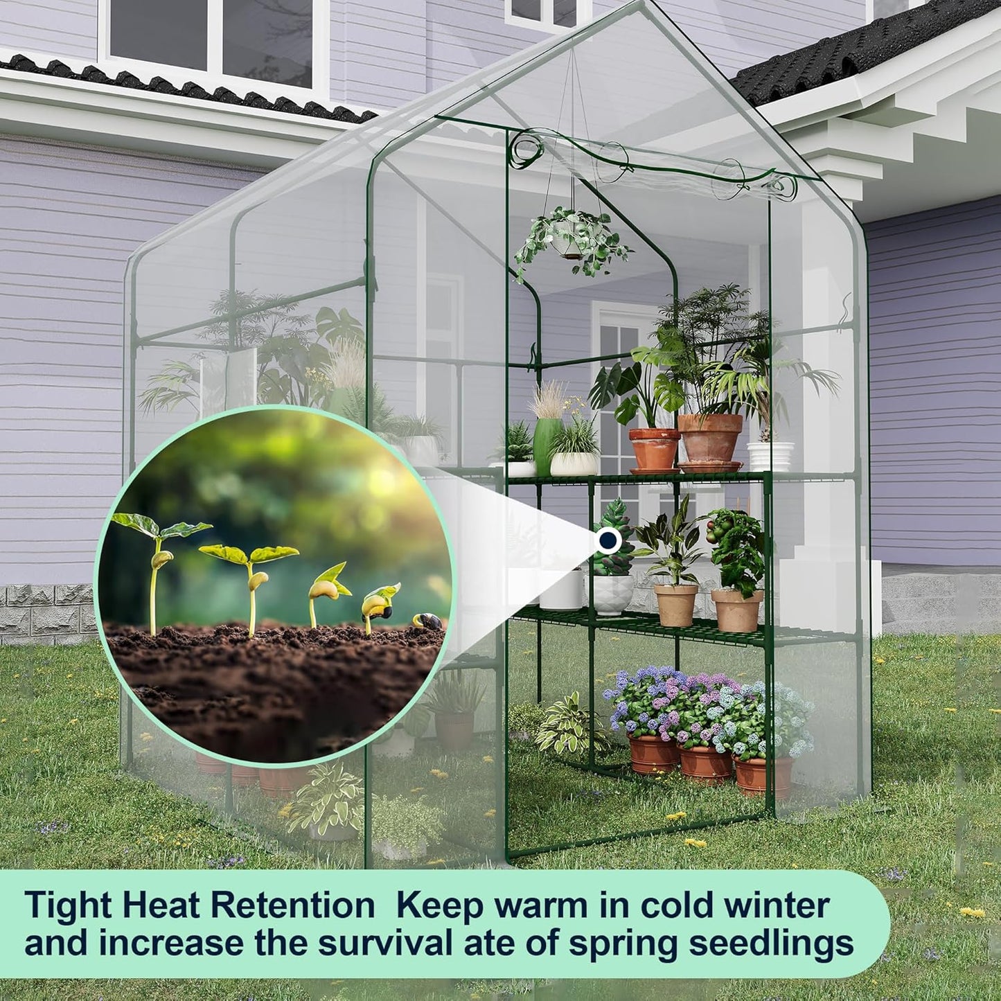 Garvee Walk-in Greenhouse 56.3" x 56.3" x 76.8", PE Cover, 3-Tier 12 Shelf, Clear