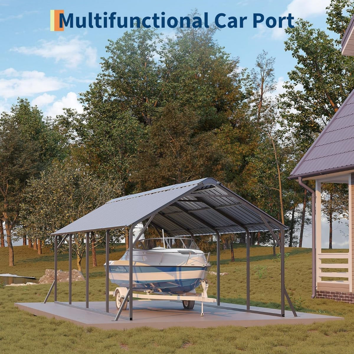 Riedhoff Metal Carport with Vertical Roof, Heavy Duty Steel, Gray