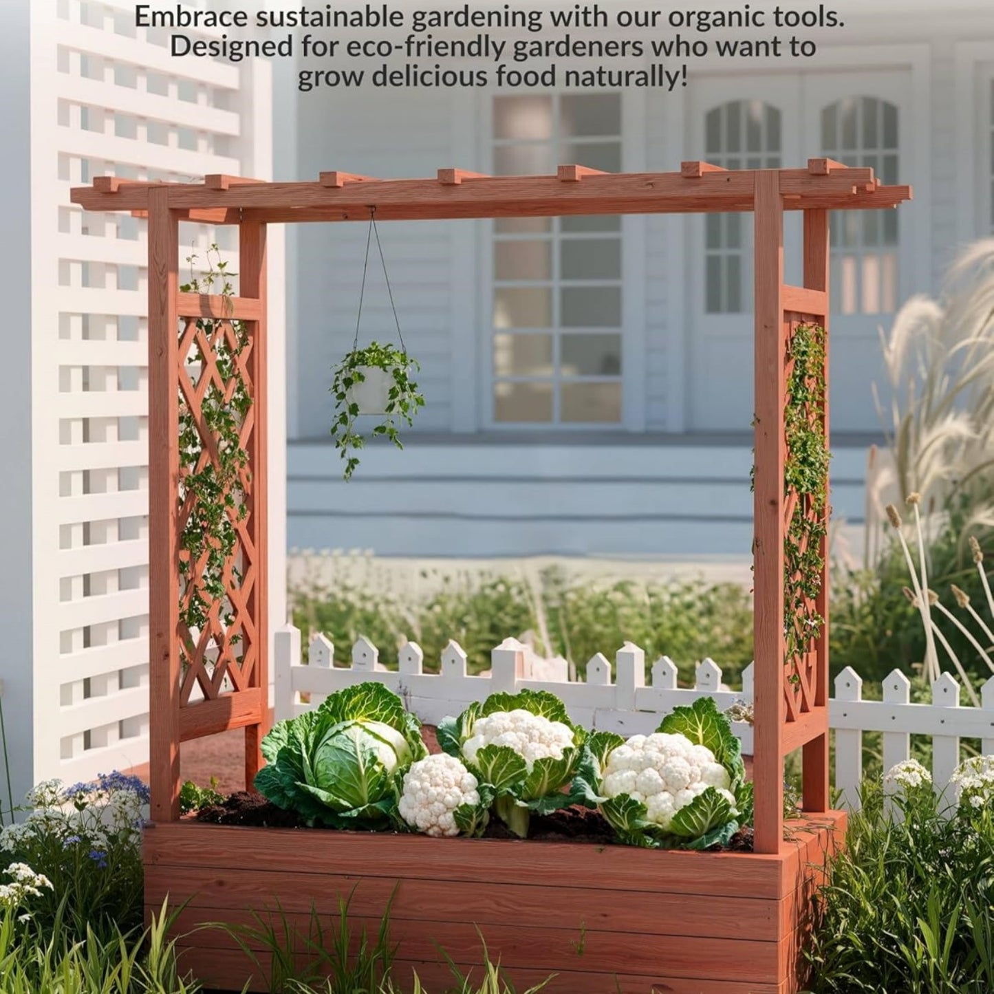 Riedhoff Wooden Raised Garden Bed with Trellis, Hanging Roof & Side Trellis
