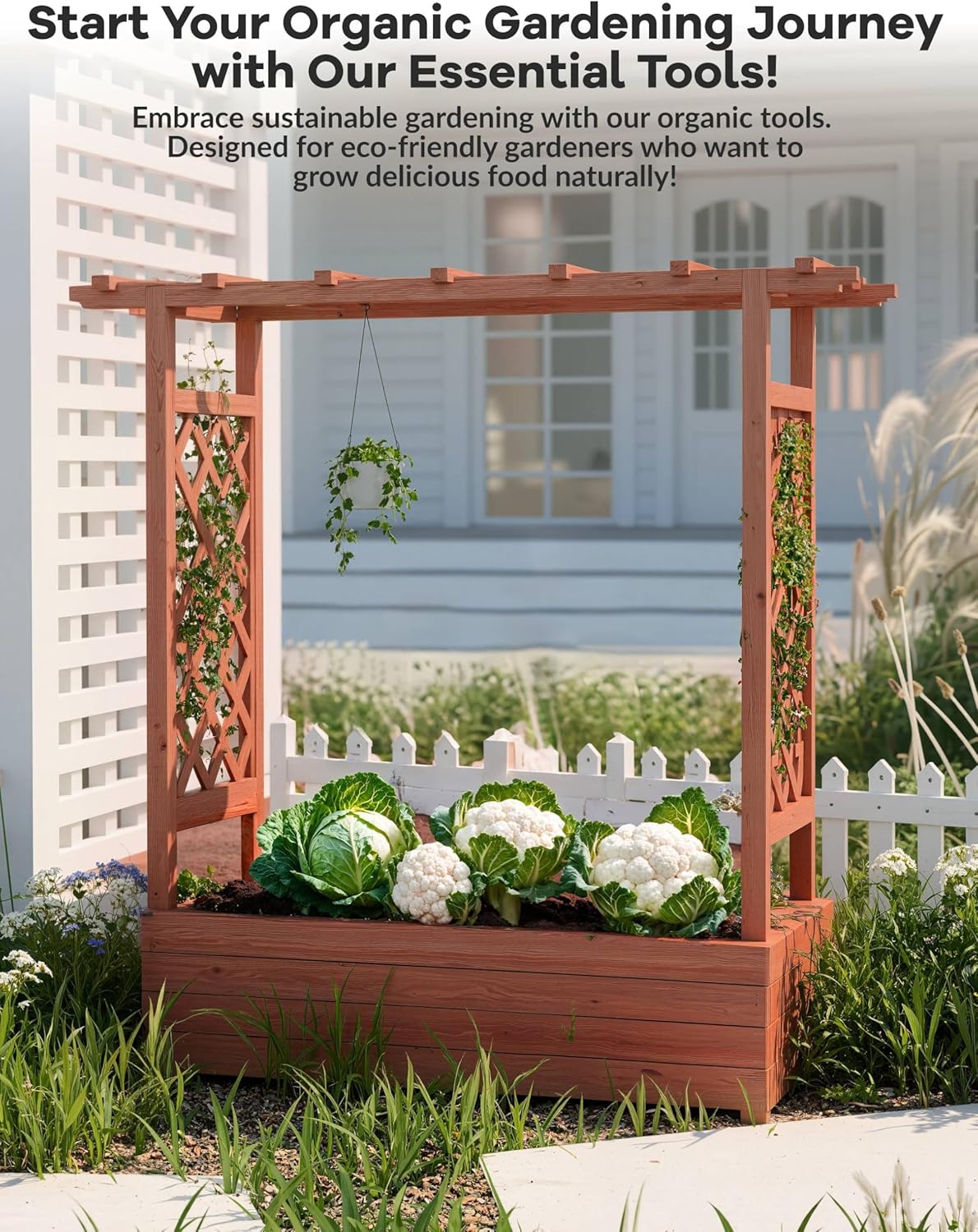Riedhoff Wooden Raised Garden Bed with Trellis, Hanging Roof & Side Trellis