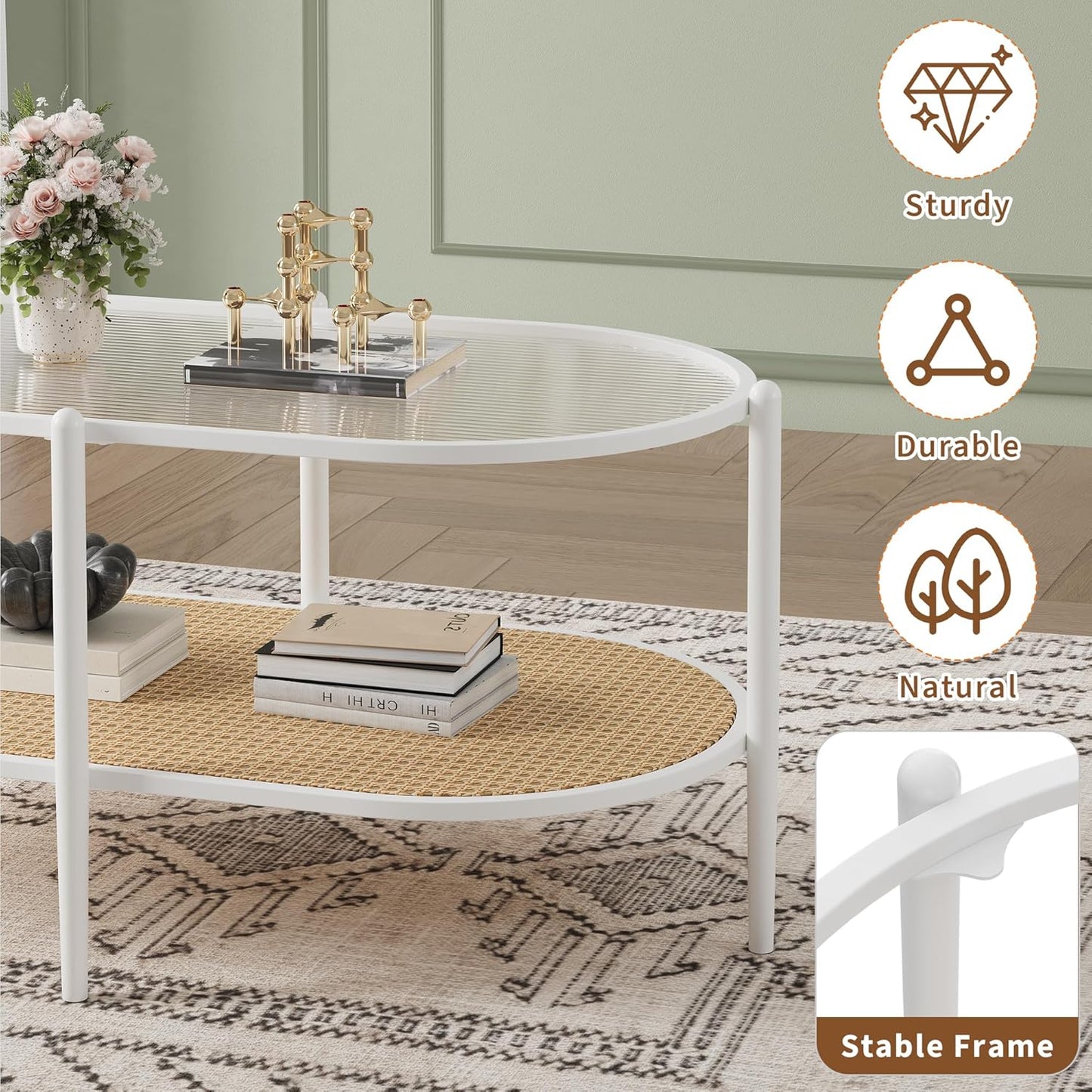 Garvee 2 Tier Oval Rattan Coffee Table 37.4 x 19.6 x 18.1", with Storage