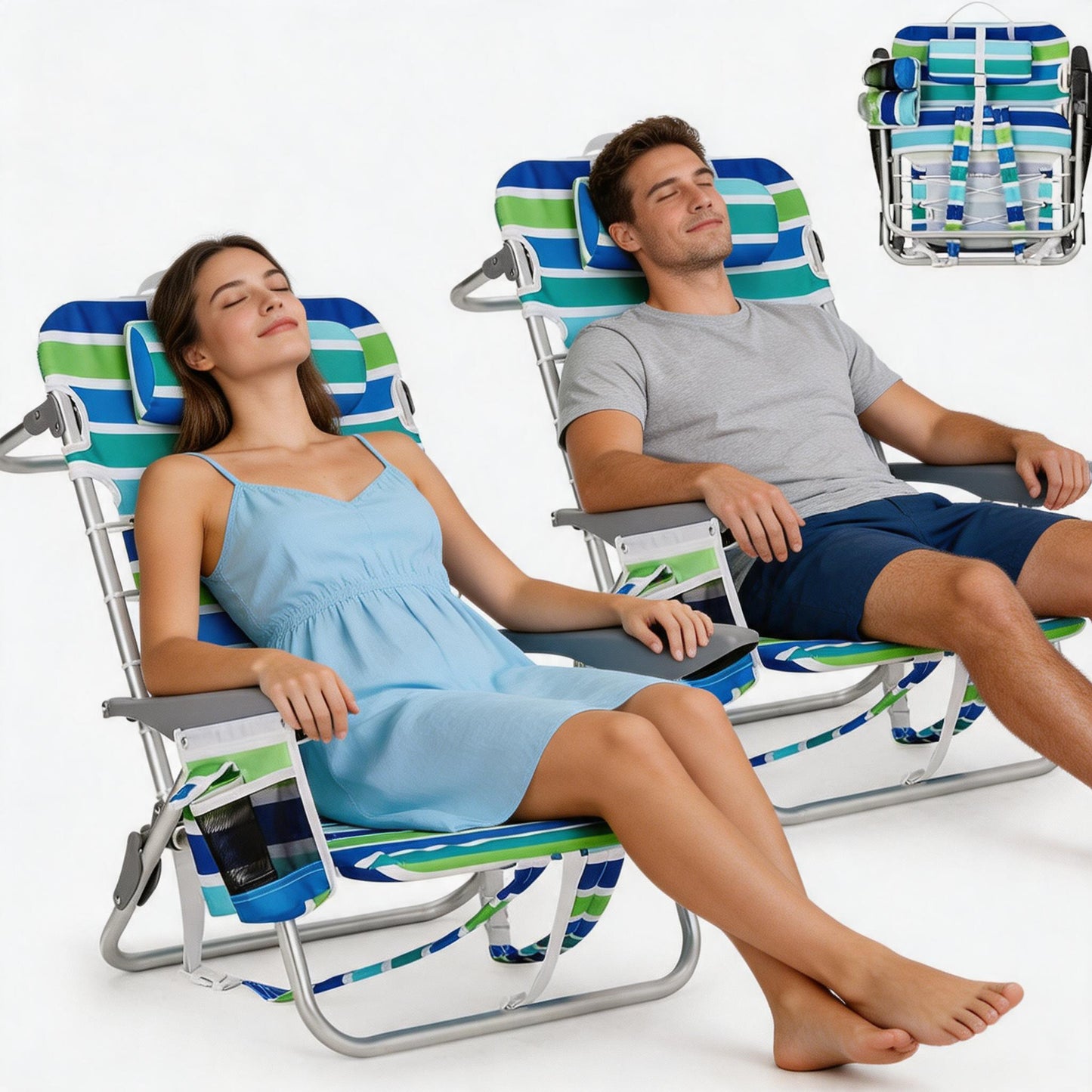 Riedhoff Folding Beach Chair 27 x 24 x 30", with Backpack Straps, Set of 2, Ocean Striped, Drawstring Style