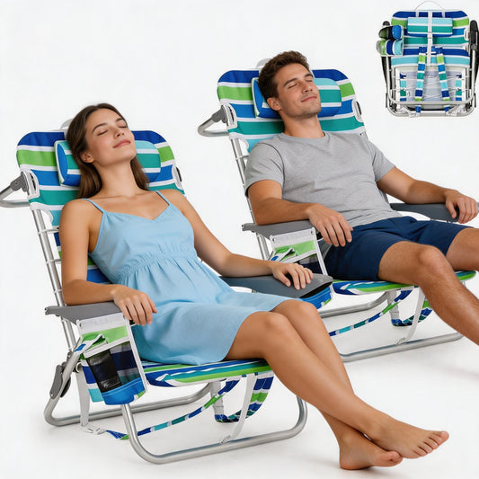 Riedhoff Folding Beach Chair 27 x 24 x 30", with Backpack Straps, Set of 2, Ocean Striped, Drawstring Style