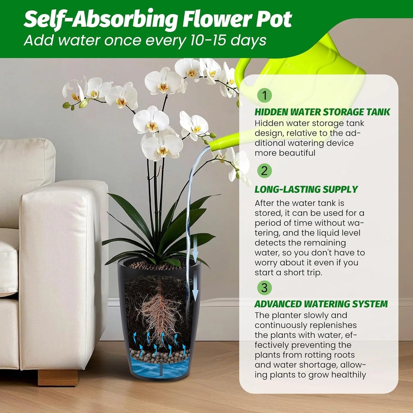 Riedhoff 15.7" Tall Round Planter Pots, Built-In Drainage, Self-Watering, 2 Count