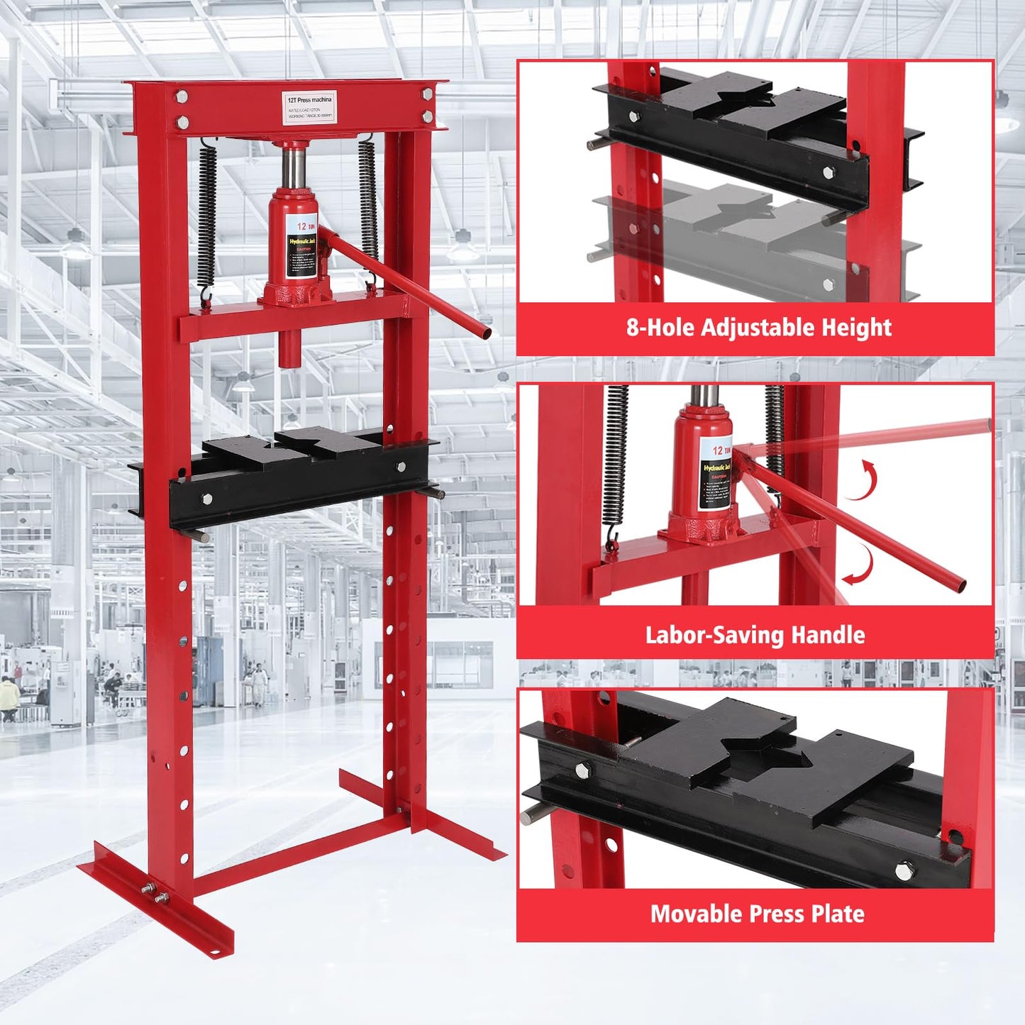 Goldensoil Hydraulic 12 Ton H-Frame Garage Floor Adjustable Shop Press with Plates for Car Repair,Red