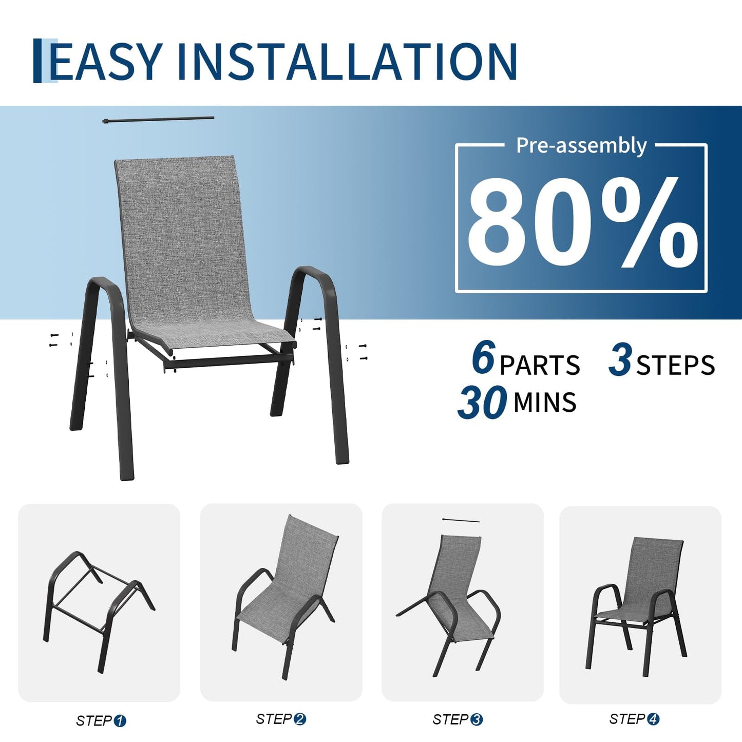 Garvee Stackable Patio Dining Chairs Set of 4, Metal and Textilene for Lawn Poolside