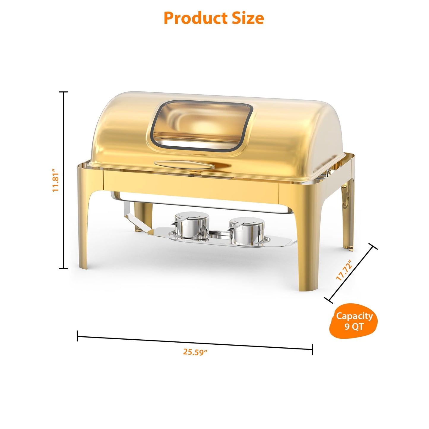 GARVEE Roll Top Chafing Dish Buffet Set, 9 QT Rectangular Catering Food Warmer, Golden