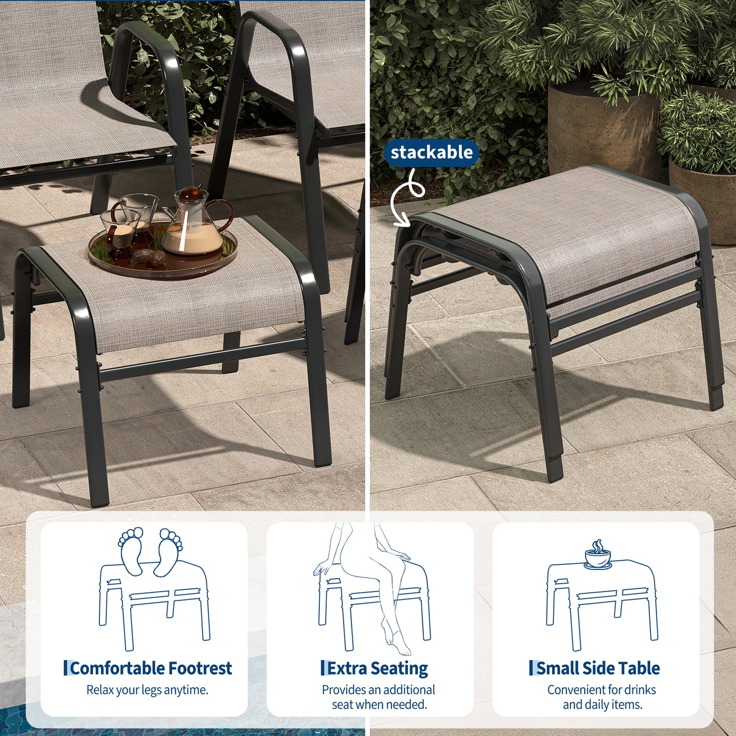 Garvee Stackable Outdoor Ottomans Set of 2,All-Weather Textilene Foot Stool with Metal Frame