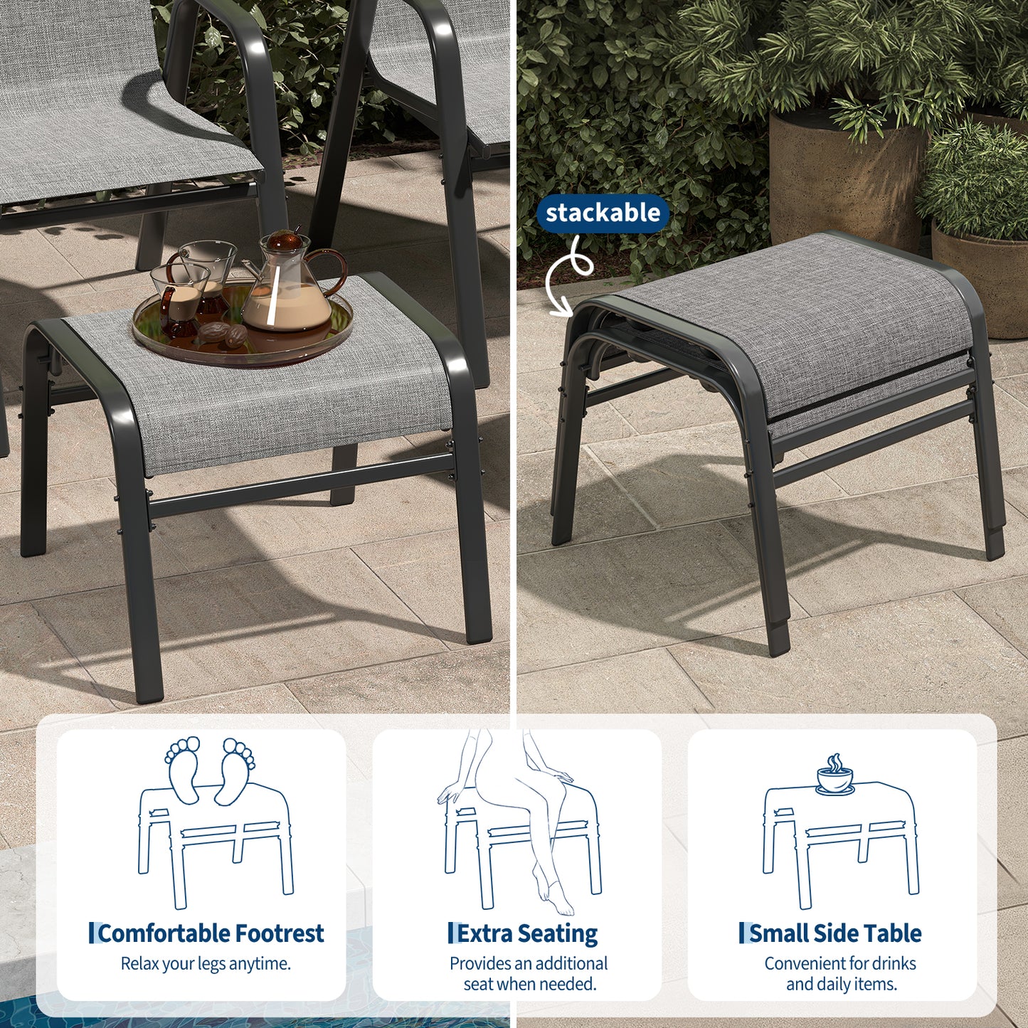 Garvee Stackable Outdoor Ottomans Set of 2,All-Weather Textilene Foot Stool with Metal Frame