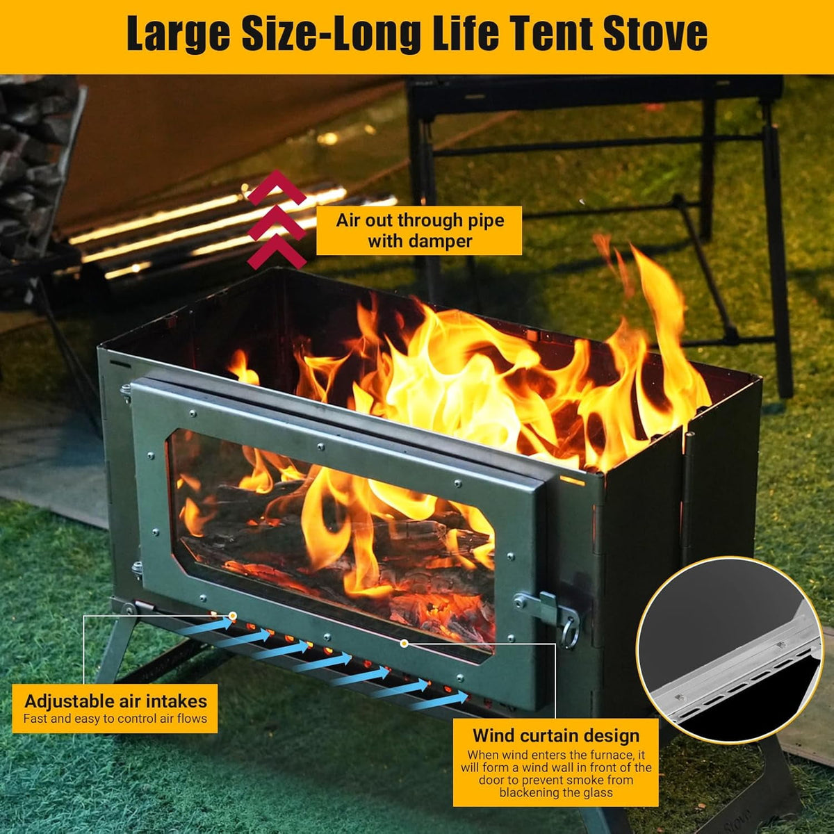 Garvee Hot Tent Stove With View Glass, Wood Burning Stove for Camping, 5 Chimney Pipes, Silver