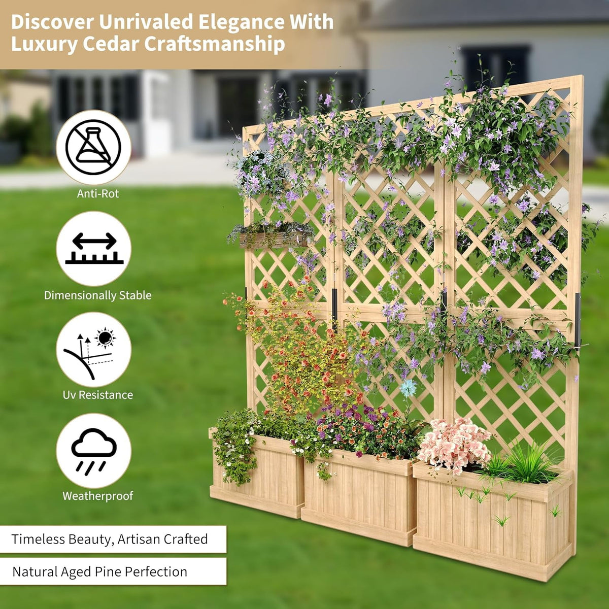 Riedhoff Outdoor Planter Boxes with 3 Privacy Screen, 62 x 10.39 x 65", Drain Holes, Oak
