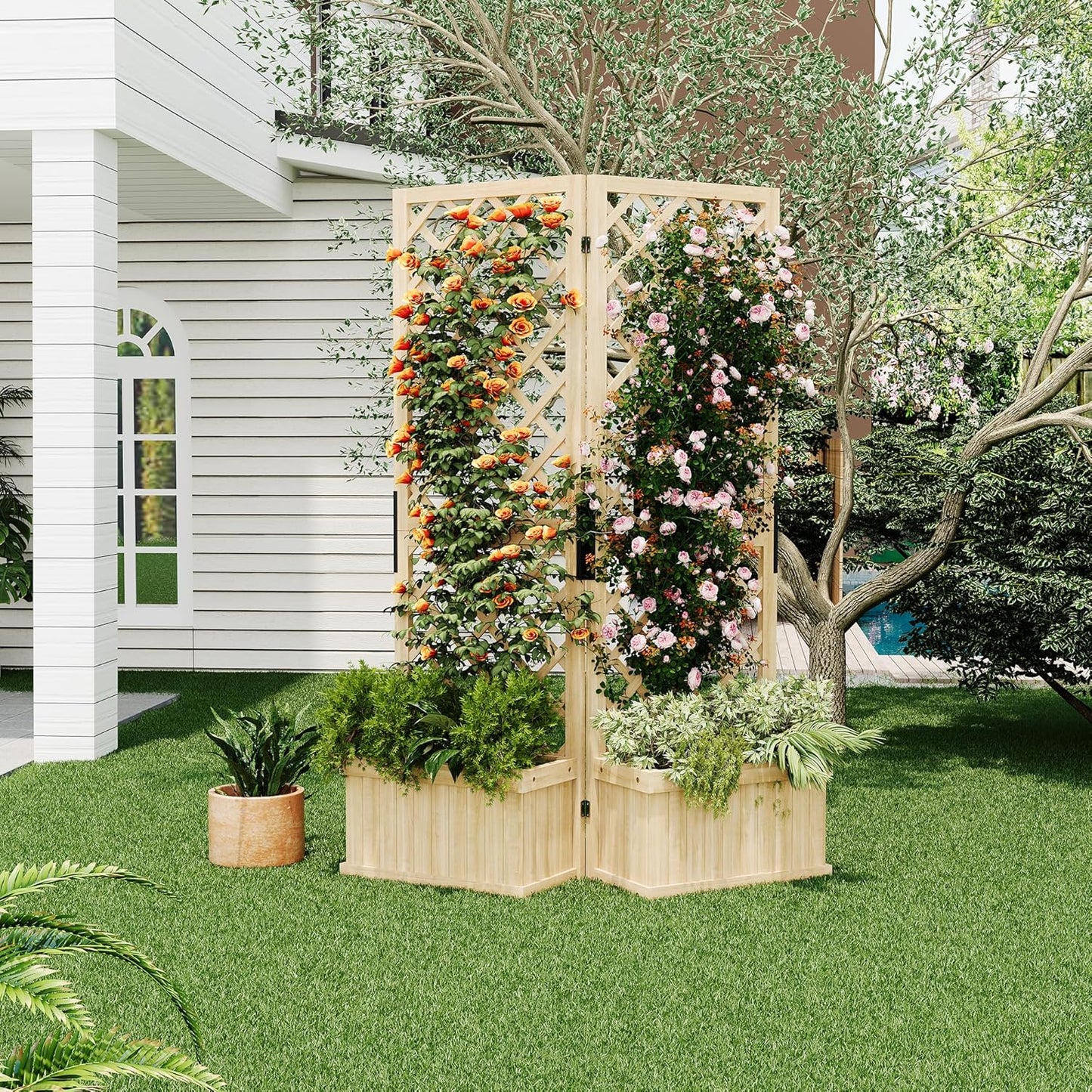 Riedhoff Outdoor Planter Boxes with 2 Privacy Screen, 41" x 10" x 65", Drain Holes, Natural