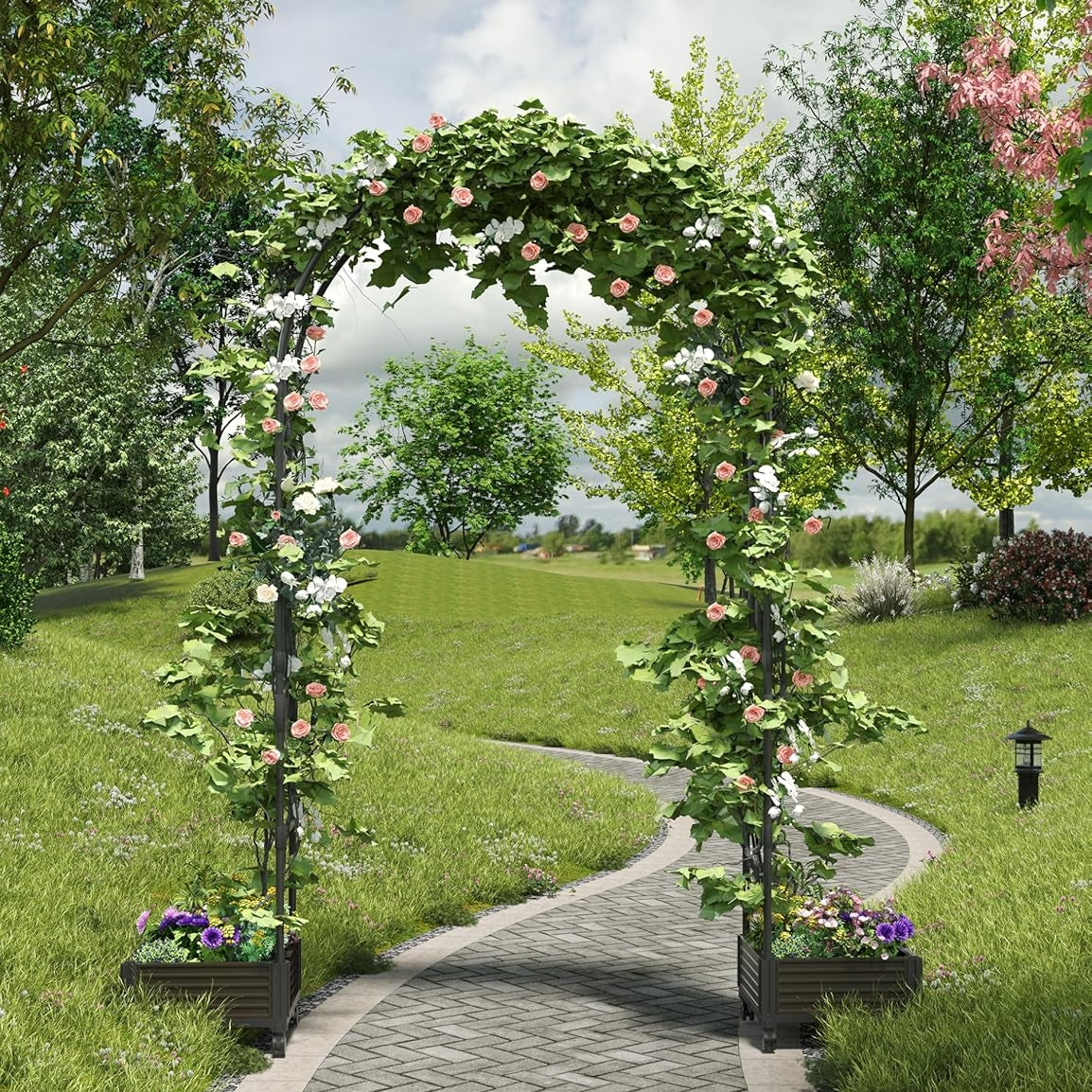Garvee Metal Garden Arch Trellis for Climbing Plants, 2 Raised Planter Box, Black
