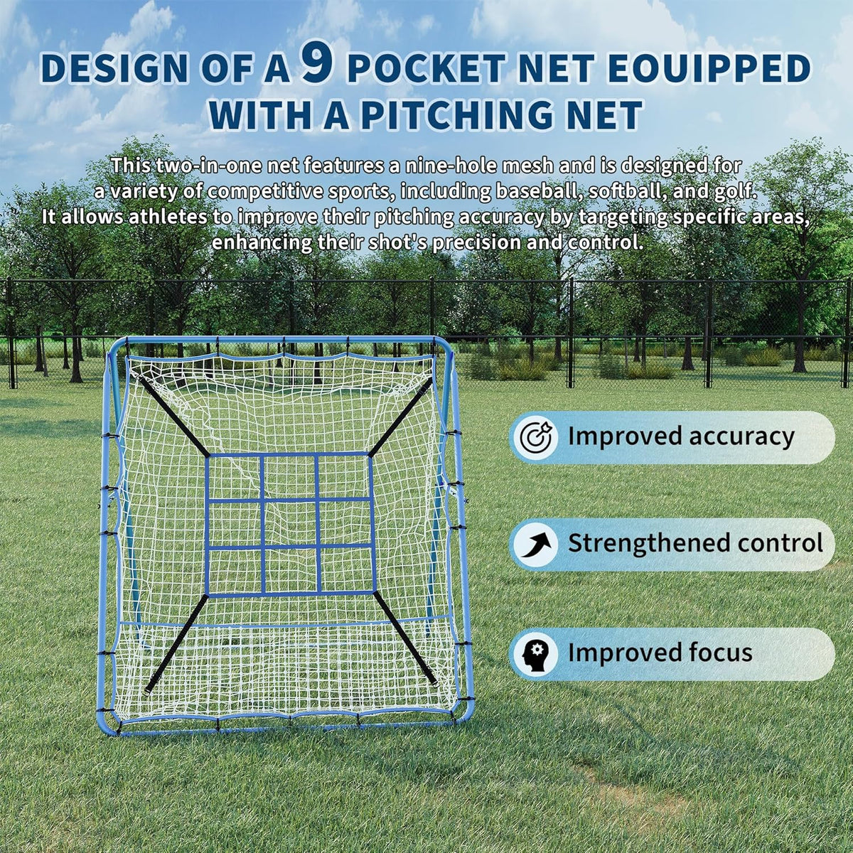 Riedhoff Baseball Pitching Rebounder Net, 5 x 4 ft, 9 Hole Batting Target, Adjustable Angle, Blue